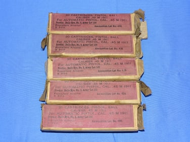 1930's Frankford Arsenal Colt 1911 .45 Ammo, 5 Boxes 1930