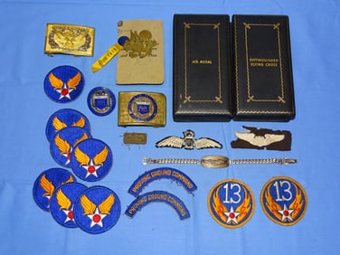 Identified WWII AAF Pilot's Patch, Medals, Insignia, Bracelet Lot