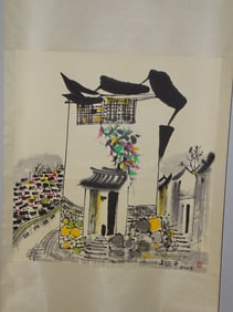 Chinese Scroll Painting on Paper, Village Scene Signed, Sealed & Dated 2005, WU GUANZHONG