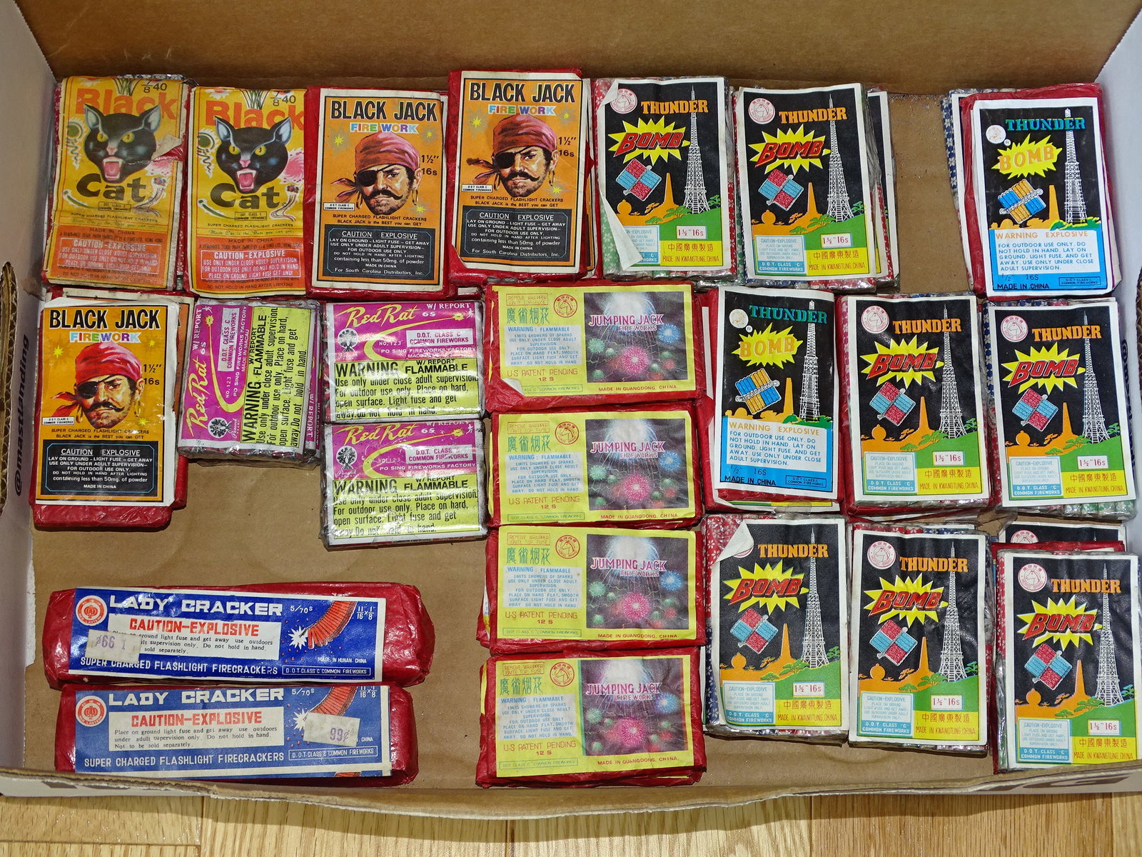 Vintage Fireworks Firecrackers, Salutes Lot of 65 Packs: LOT OF VINTAGE FIRECRACKERS, BLACK CAT-3, BLACK JACK-10, LADY CRACKER-2, THUNDER BOMB-30, JUMPING JACK-13, RED RAT-7.