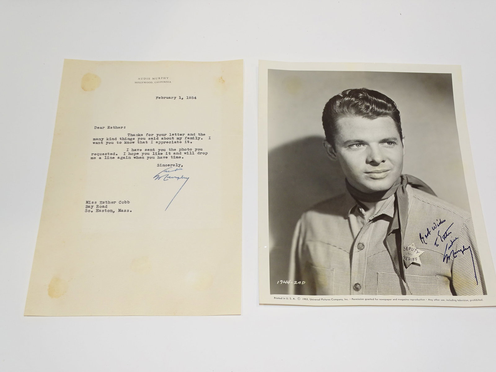 1954 Signed Autographed Photo & Letter, Medal of Honor Winner, AUDIE MURPHY (1 of 5)
