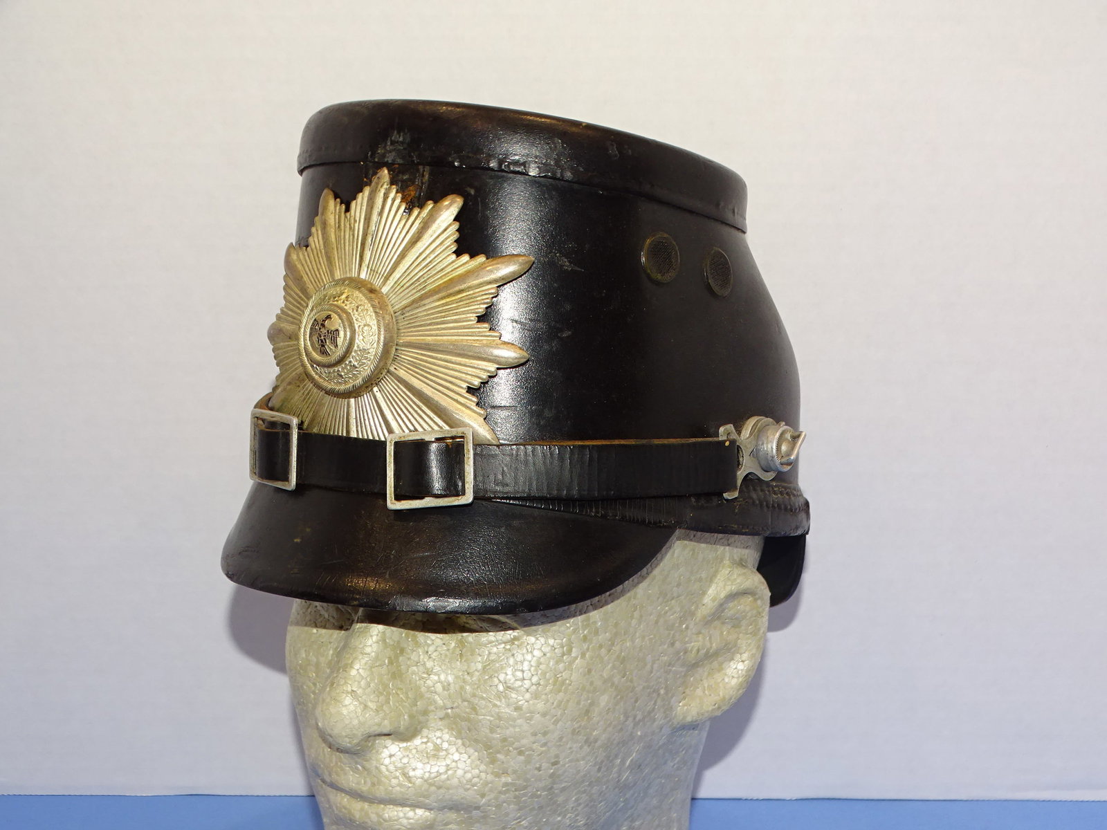Pre-WWII German Prussian Police Shako Leather Helmet: NICE PRE WAR PRUSSIAN POLICE SHAKO, NICKEL SILVERED FRONTPLATE, LEATHER OVERALL IS VERY NICE INCLUDING THE LINER. A NICE EXAMPLE.