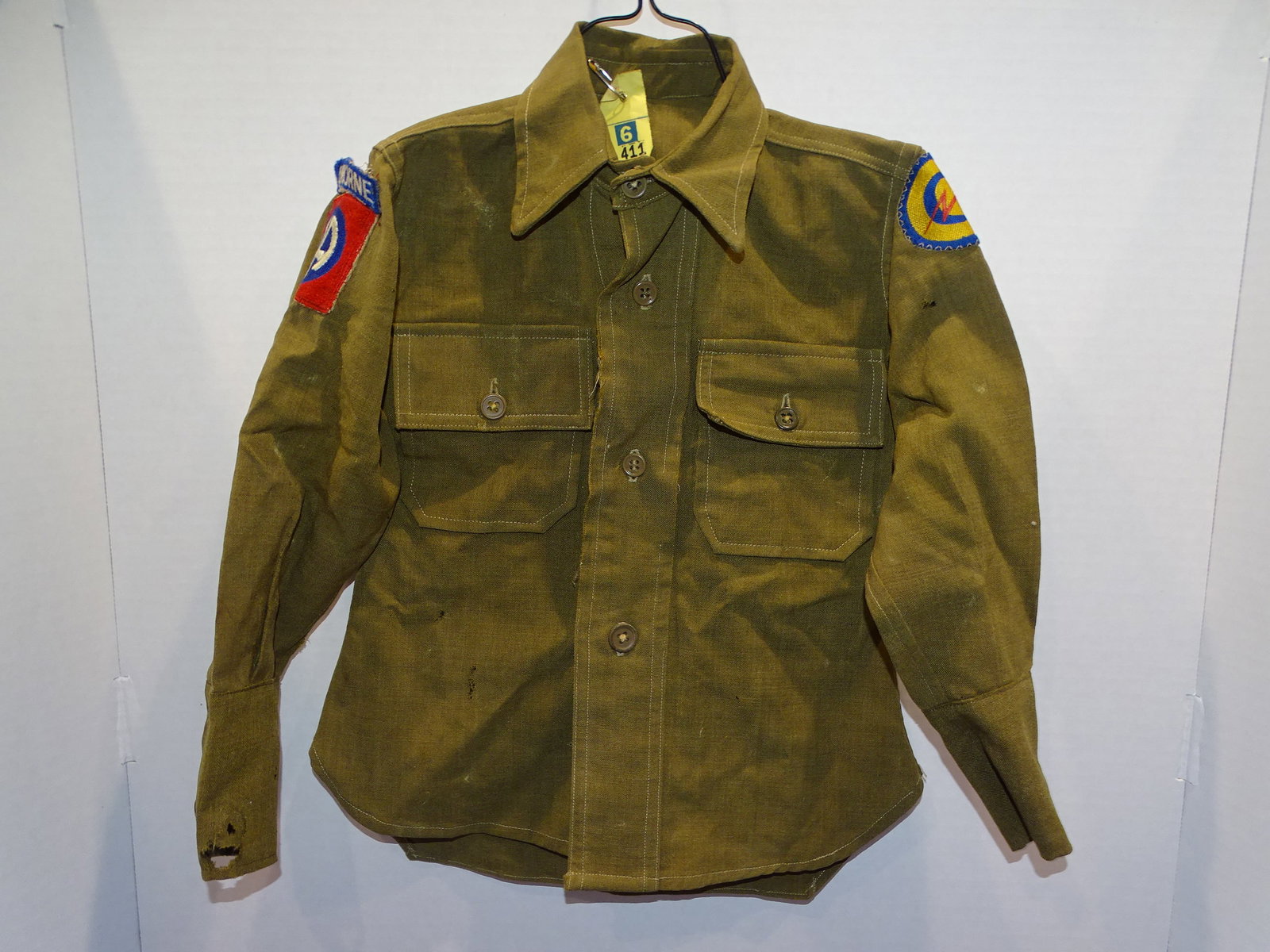 WWII U.S. Child's Mascot Uniforn Shirt w/ 82nd Airborne & Constabulary Patches: VERY COOL WWII CHILD'S UNIFOR SHIRT WITH AIRBORNE AND GERMAN MADE CONSTABULARY PATCH, THE 82ND PATCH / TAB ARE LOOSE, SHIRT IS WELL MOTH NIPPED.
