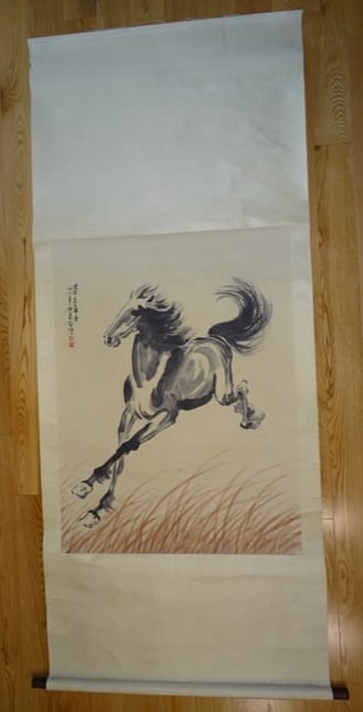 Antique Chinese Scroll Painting on Paper of a Horse: LARGE CHINESE SCROLL PAINTING OF A RUNNING HORSE, IT MEASURES APPROX. 38"x80" OVERALL, THE PAINTING ITSELF MEASURES APPROX. 29"x33".