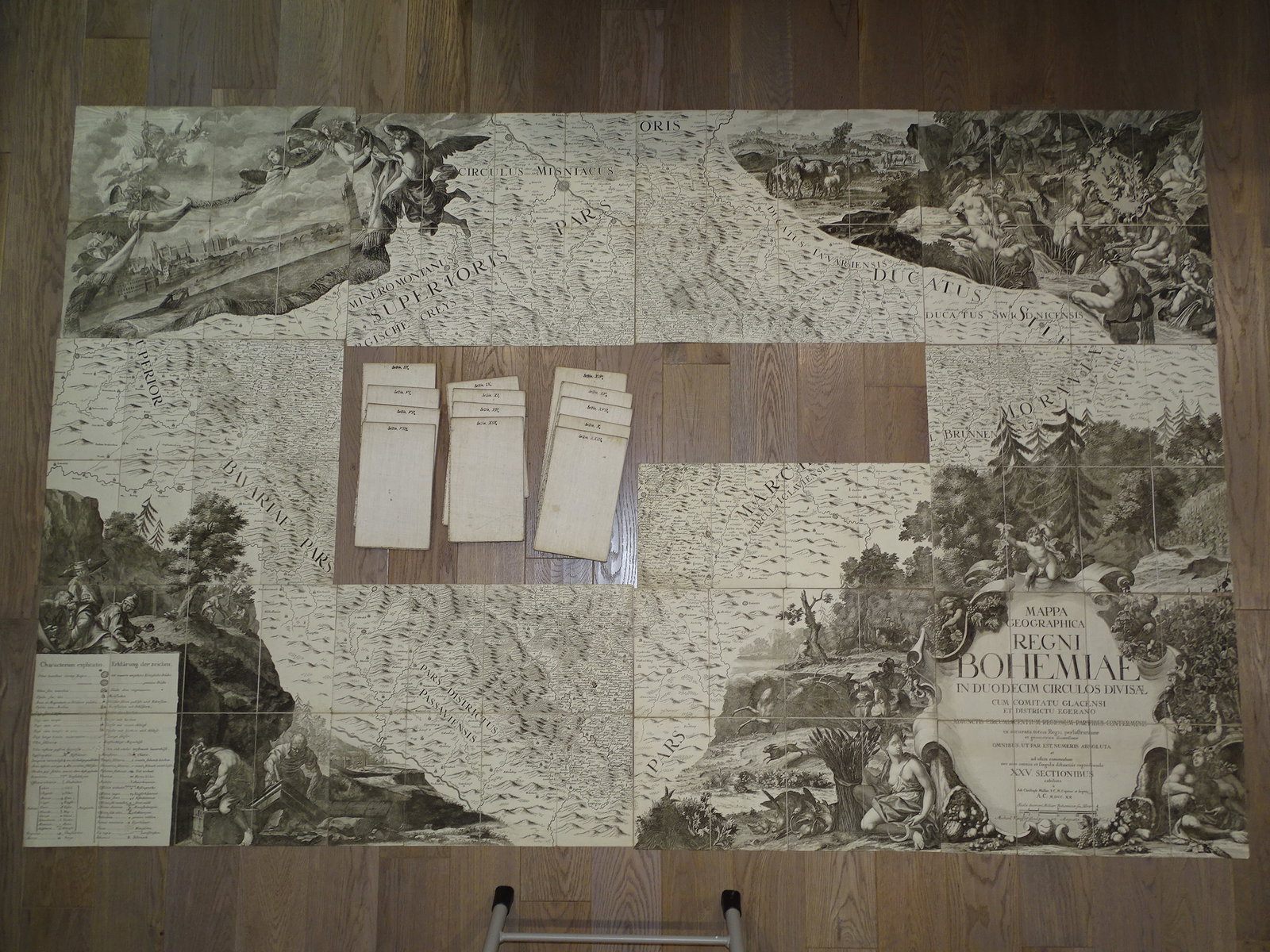 Johann Christoph MULLER, Massive 1720 Map of Bohemia: BE AWARE THAT THIS MAP IS MISSING ONE PANEL OF THE 25, NUMBER 18 XVIII IS MISSING, SO THERE ARE 24 TOTAL, HENCE THE STARTING PRICE. ONLY THE DECORATIVE PANELS ARE SHOWN DUE TO THE MASSIVE SIZE OF THIS