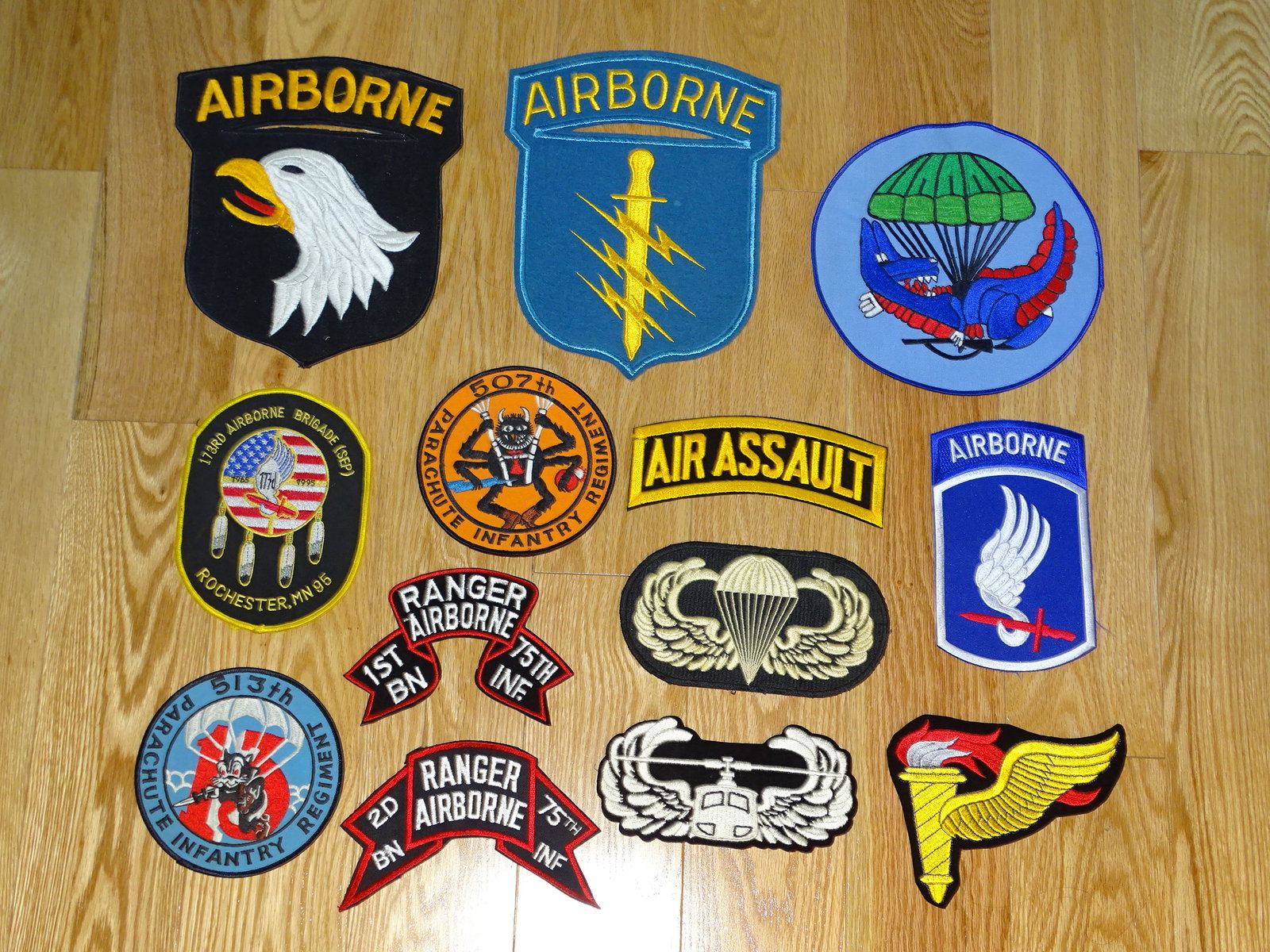 1970's, 80's, 90's Military Patch Lot, LARGE AIRBORNE JACKET SIZE: NICE LOT OF APPROX. 1970's-1990's PATCHES. THE LARGEST MEASURES APPROX. 8"x10".
