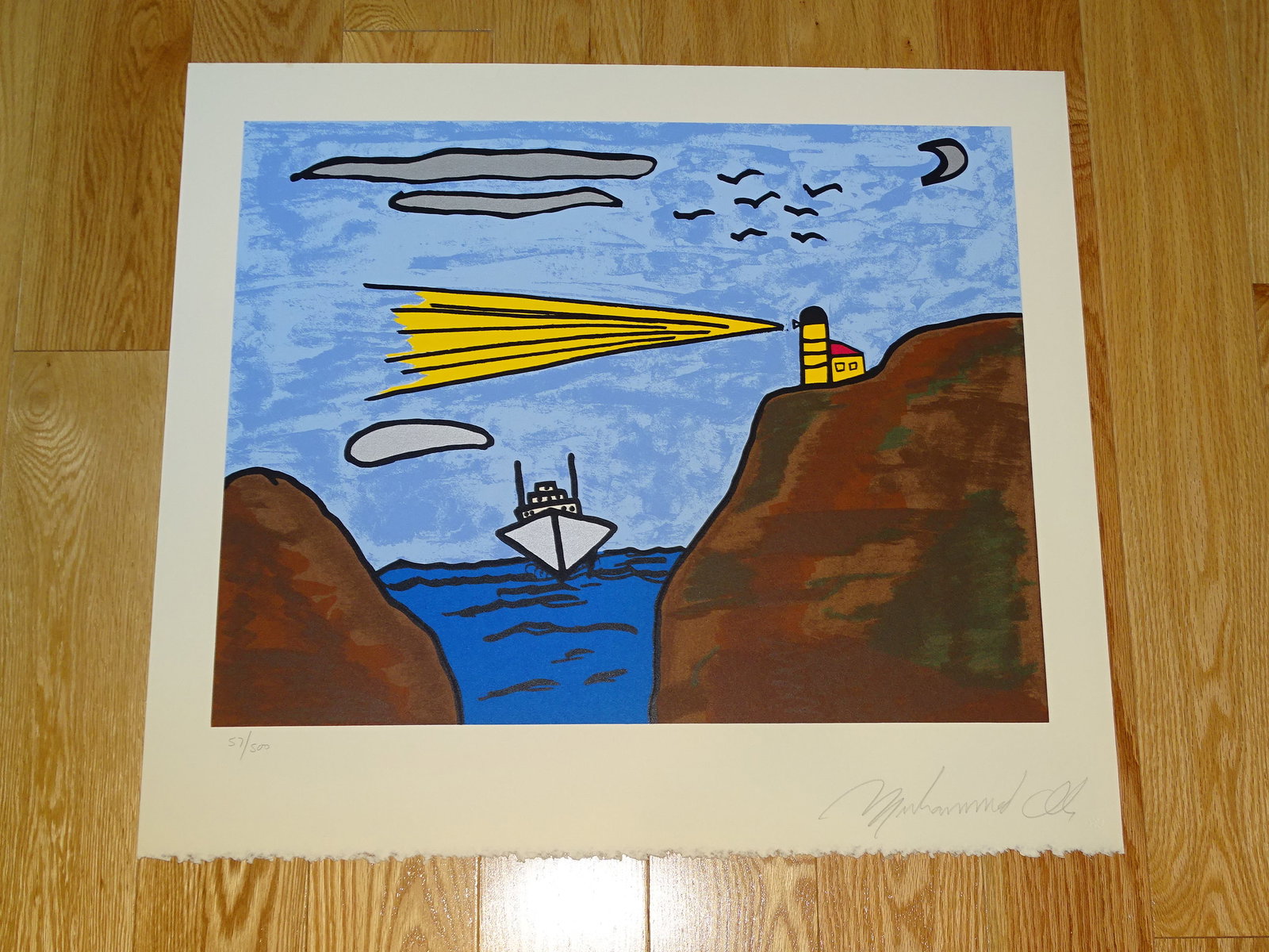 MUHAMMAD ALI, Silkscreen Print GUIDING LIGHT, Hand Signed & Numbered Edition 57/500: Muhammad Ali, Silkscreen Print GUIDING LIGHT, Limited edition 57/500, 1978 Printed by VisTec Graphics Ltd on cream Stonehenge 100% cotton paper. Pencil signed lower right by Muhammad Ali and numbered 