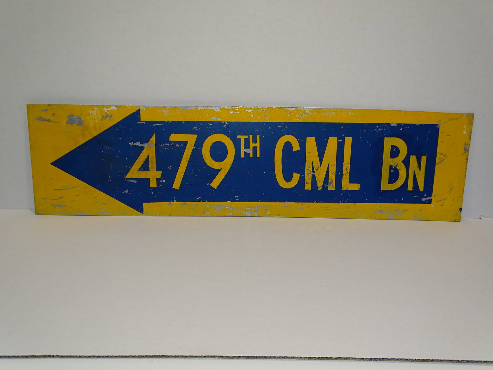 WWII ? 479th Chemical Mortar Battalion Directional Sign: PAINTED ALUMINUM SIGN FOR THE 479th CHEMICAL MORTAR BN., MEASURES APPROX. 6 1/4" x 24".