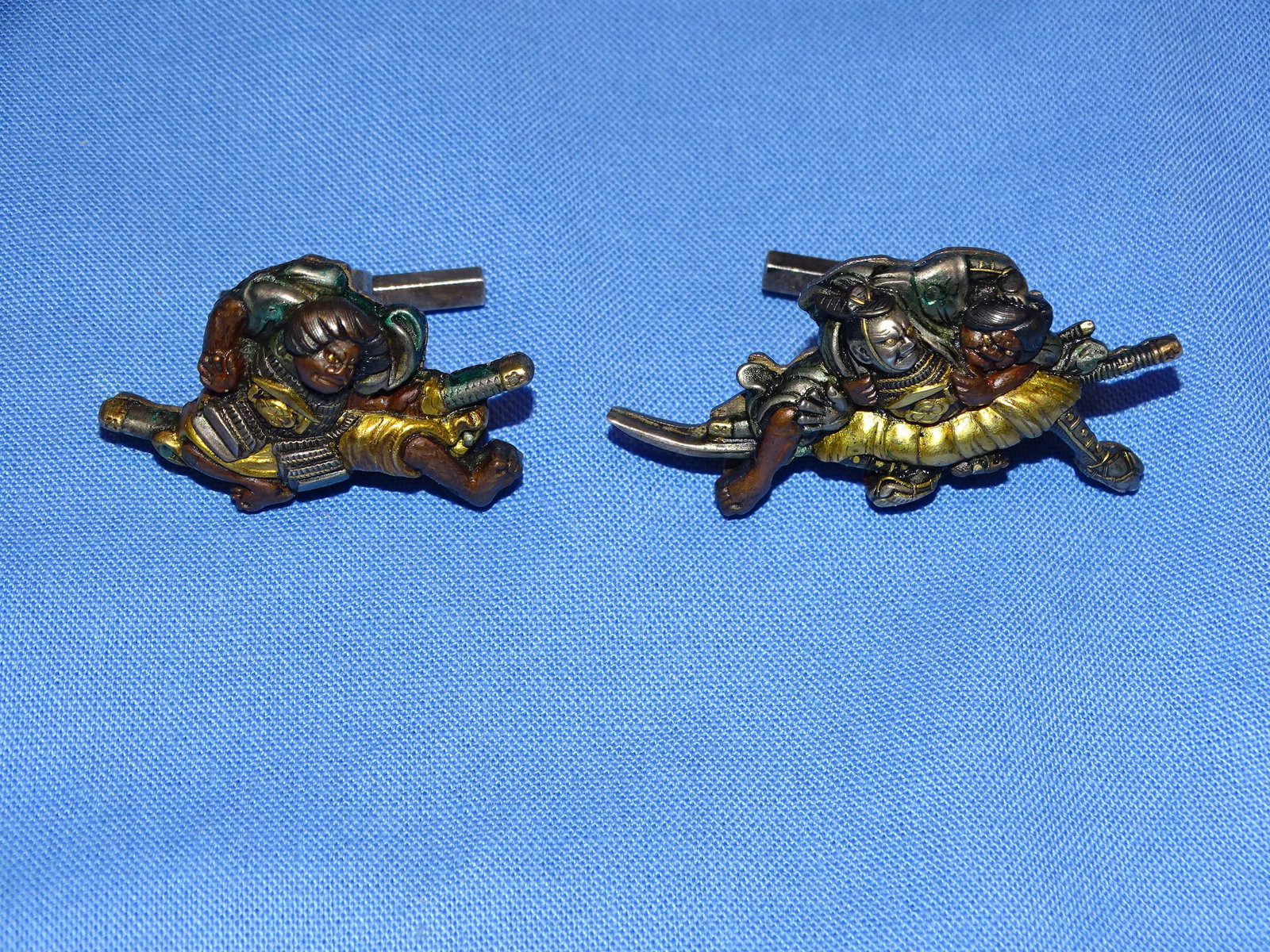 Japanese Samurai Sword Fitting, Menuki Cuff Links, Warriors: JAPANESE SAMURAI SWORD MENUKI, SILVER MOUNTED AS CUFF LINKS.