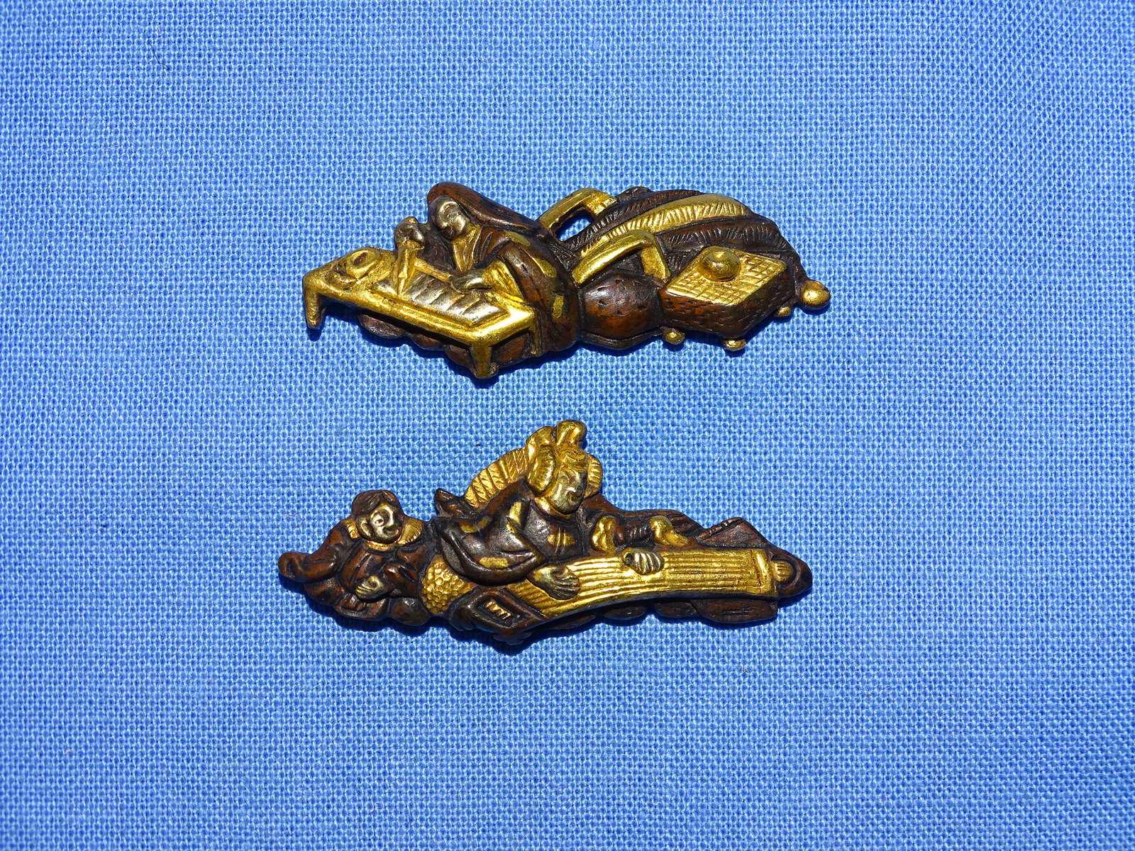 Japanese Samurai Sword Fittings, Menuki Matching Pair, Scholars: JAPANESE SAMURAI SWORD MENUKI, MATCHING PAIR OF SCKOLARS.