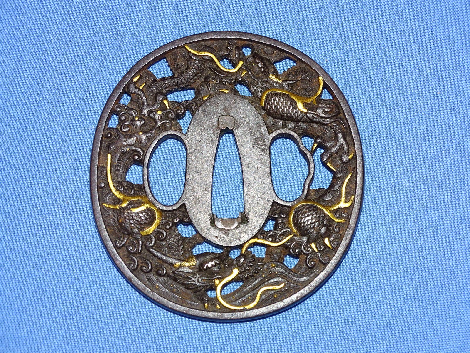 Japanese Samurai Sword Guard TSUBA, Iron w/ Gold Gilt, DRAGONS (1 of 4)