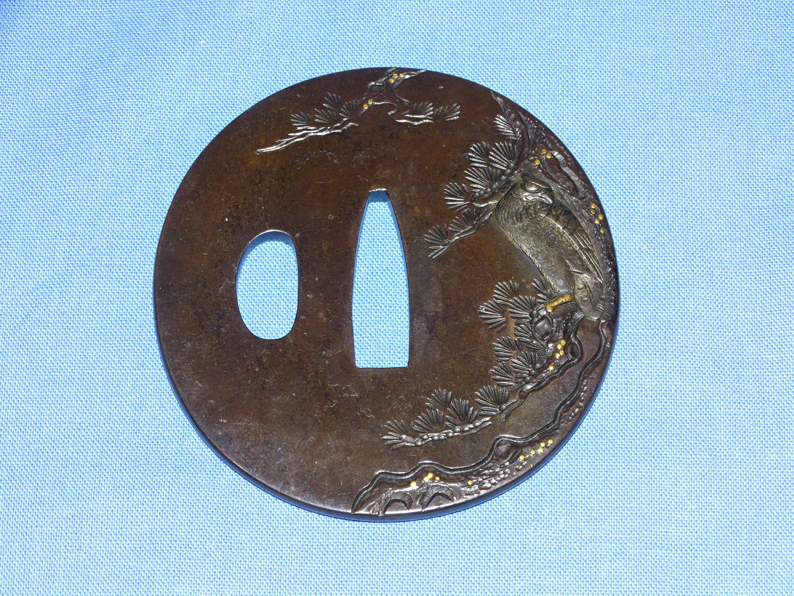 Japanese Samurai Sword Guard TSUBA, Shakudo Hawk, Signed: ISHIGURO KORETSUNE: JAPANESE SAMURAI SWORD TSUBA, SUPERB QUALITY AND CONDITION BY MASTER CRAFTSMAN, SHAKUDO WITH SCENE OF PRUNUS AND HAWK