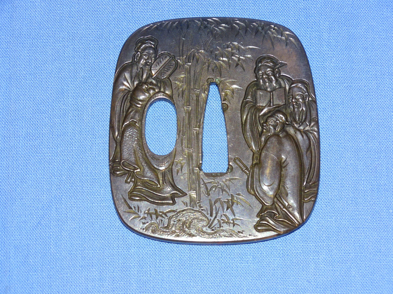 Japanese Samurai Sword Guard TSUBA, Shakudo Scholars, Signed: YANAGAWA NAOHARU (1 of 7)