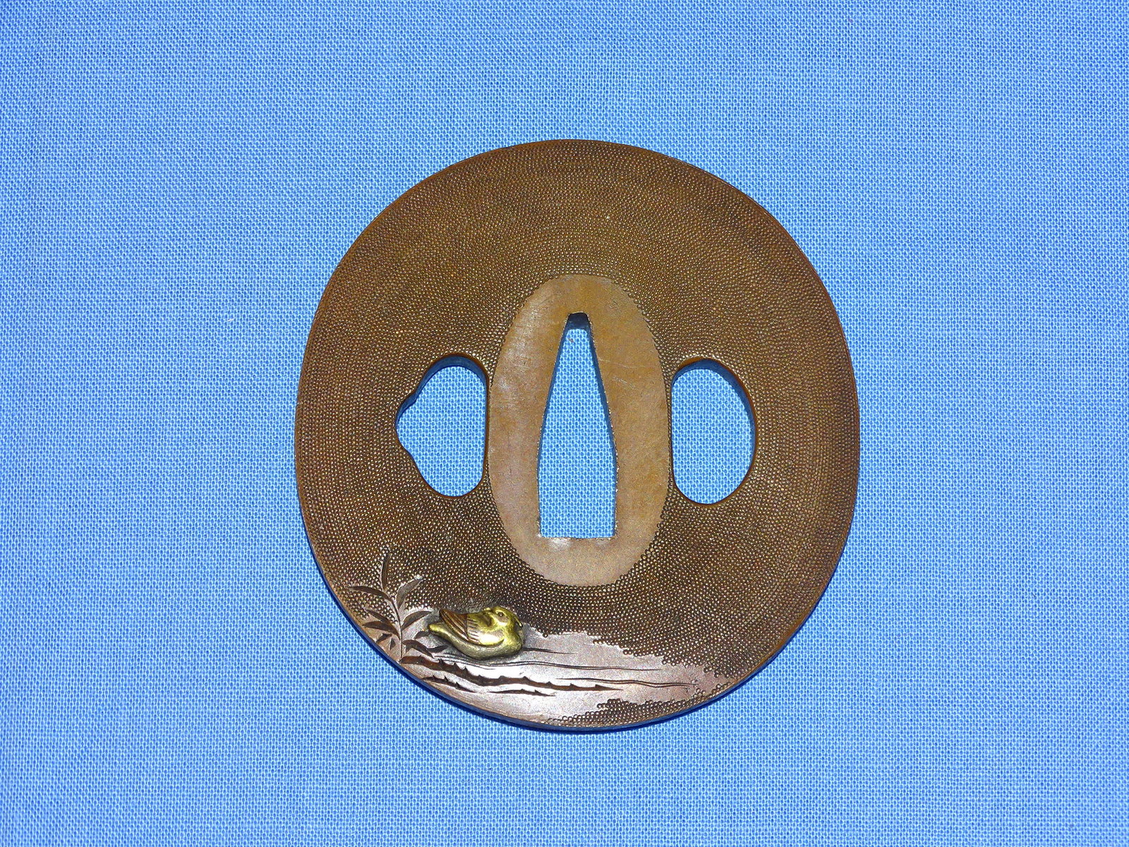 Japanese Samurai Sword Guard TSUBA, Copper Nanako w/ Ducks, Signed: JAPANESE SAMURAI SWORD TSUBA, SUPERB QUALITY AND CONDITION, COPPER NANAKO GROUND WITH MANDARIN DUCK.