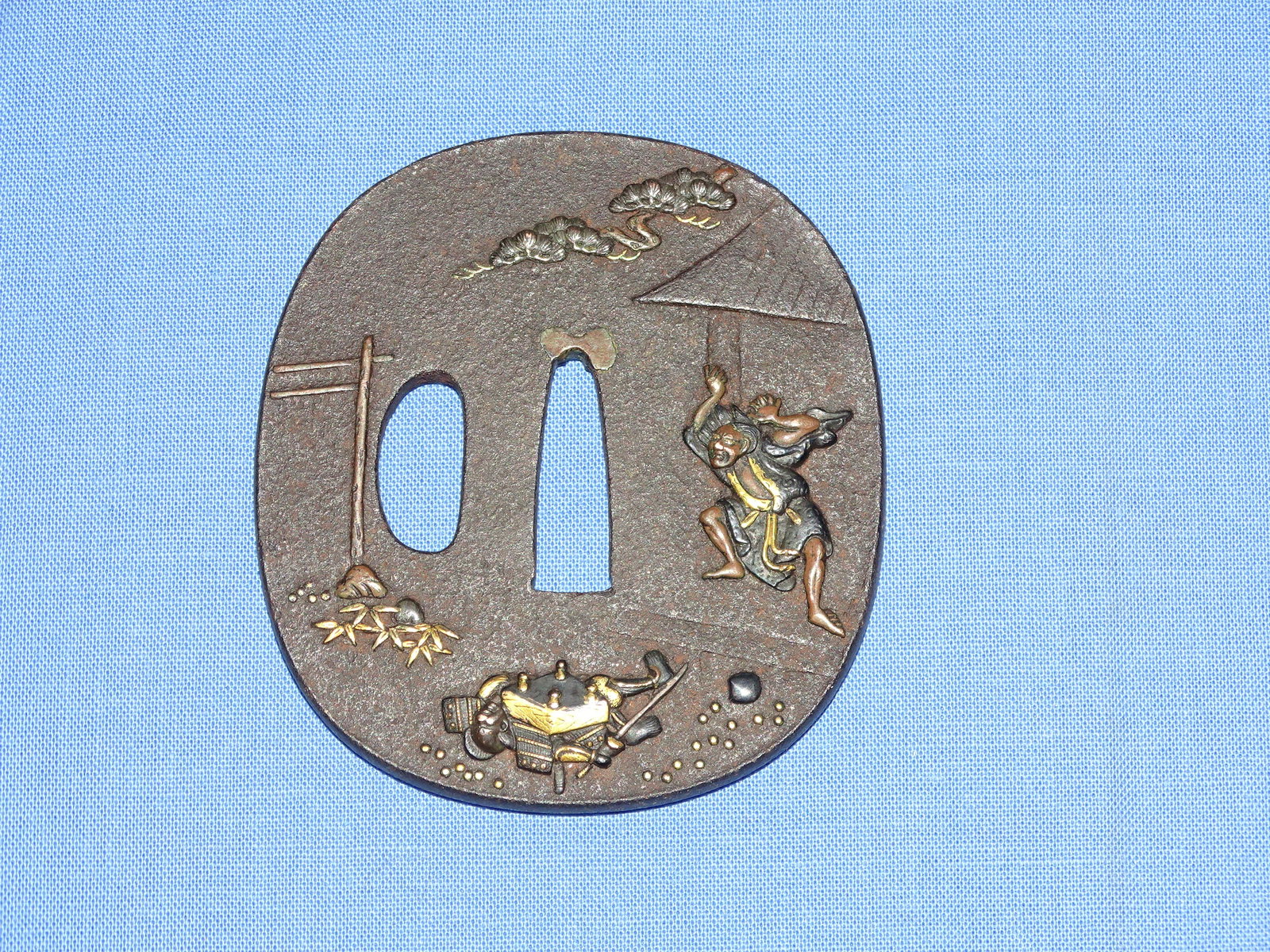 Japanese Samurai Sword Guard TSUBA, Iron w/ Mixed Metal: JAPANESE SAMURAI SWORD TSUBA, IRON WITH GILT ACCENTS.