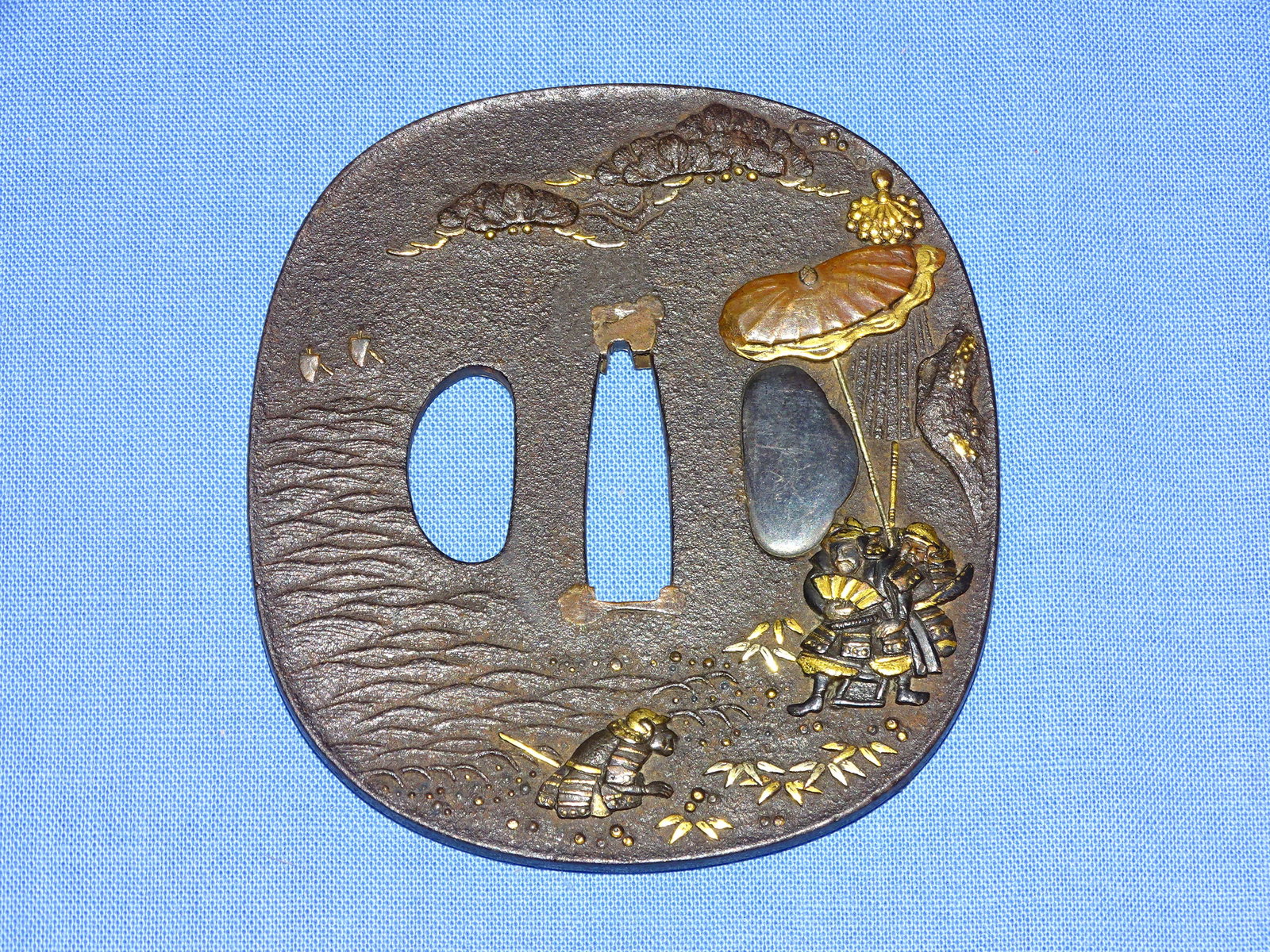 Japanese Samurai Sword Guard TSUBA, Iron w/ Mixed Metal Work of Samurai (1 of 4)