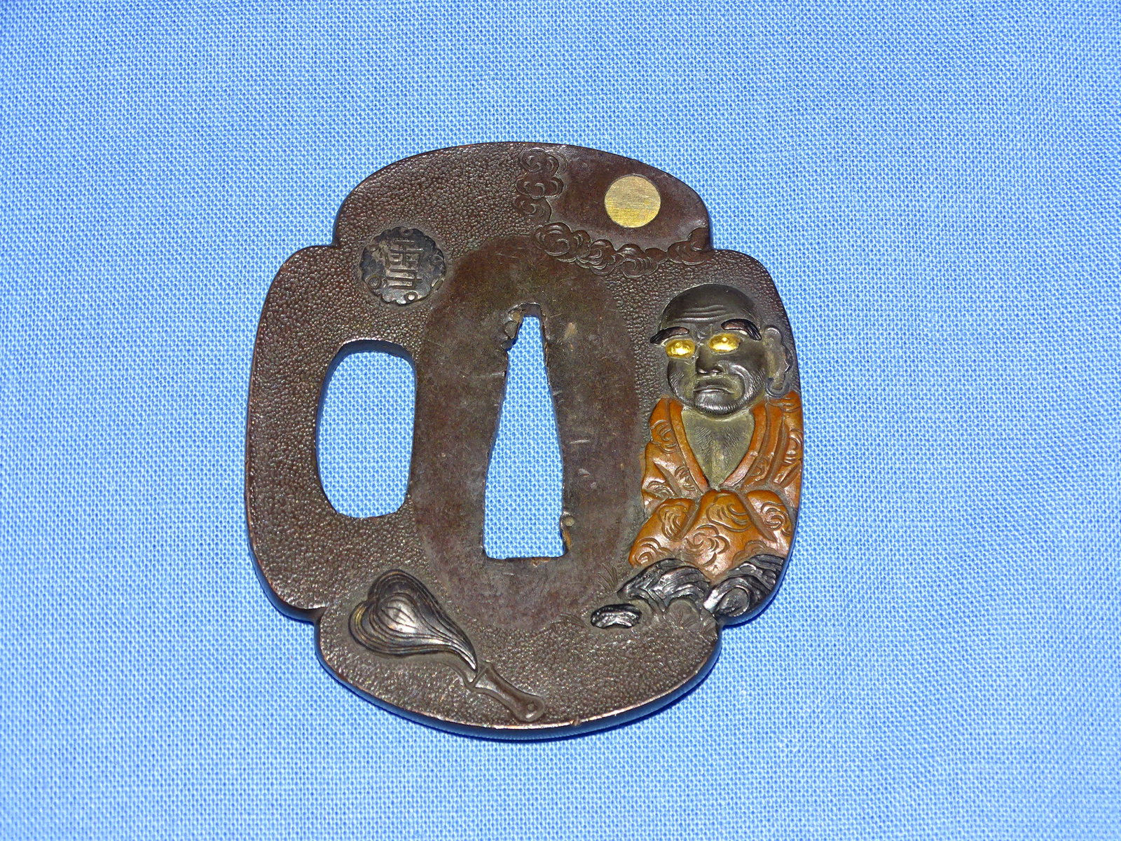 Japanese Samurai Sword Guard TSUBA, Tanto Size, Shakudo & Mixed Metal DARUMA: JAPANESE SAMURAI SWORD TSUBA, SHAKUDO WITH MIXED METAL WORK SCENE OF DARUMA.