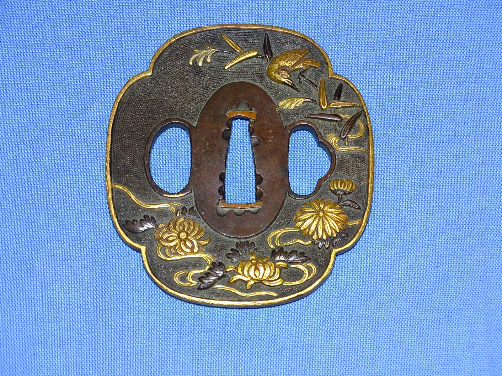 Japanese Samurai Sword Guard TSUBA, Soft Metal, Shakudo Nanako: JAPANESE SAMURAI SWORD TSUBA, SHAKUDO NANAKO WITH MIXED METAL WORK