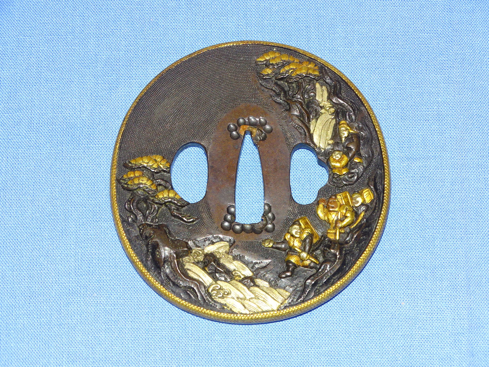Japanese Samurai Sword Guard TSUBA, Soft Metal, Shakudo Nanako: JAPANESE SAMURAI SWORD TSUBA, SHAKUDO NANAKO WITH MIXED METAL WORK