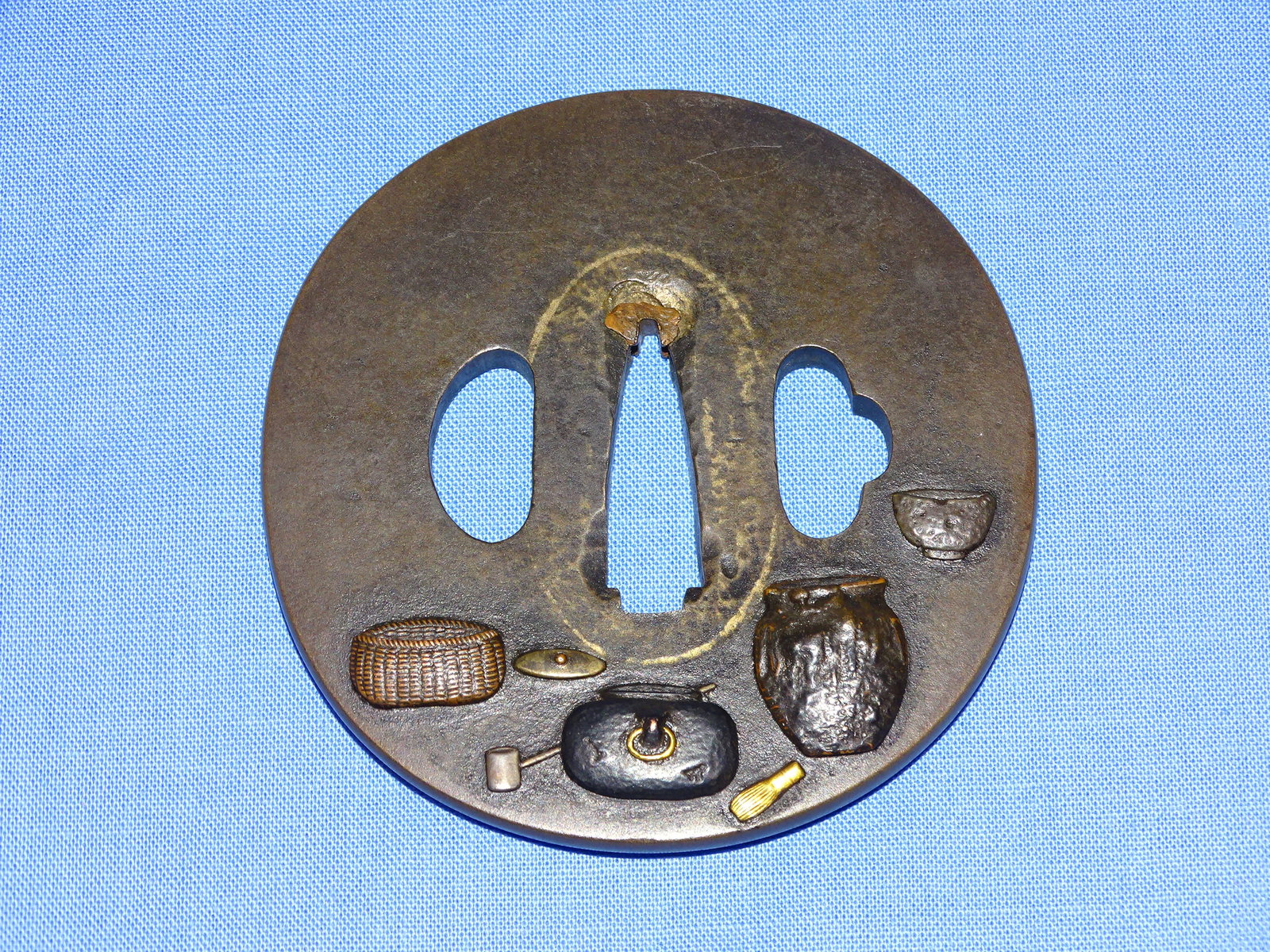 Japanese Samurai Sword Guard TSUBA, Iron w/ Mixed Metal: JAPANESE SAMURAI SWORD TSUBA, IRON WITH MIXED METALWORK.