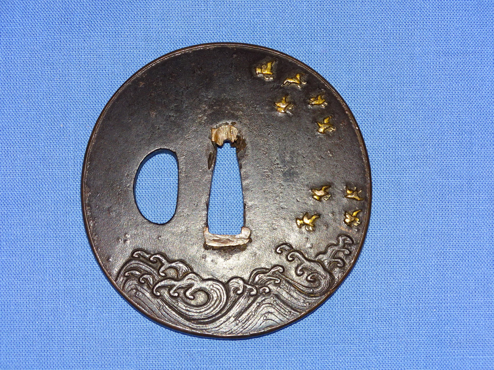 Japanese Samurai Sword Guard TSUBA, Iron w/ Mixed Metal & Signed MASAHIDE (1 of 2)