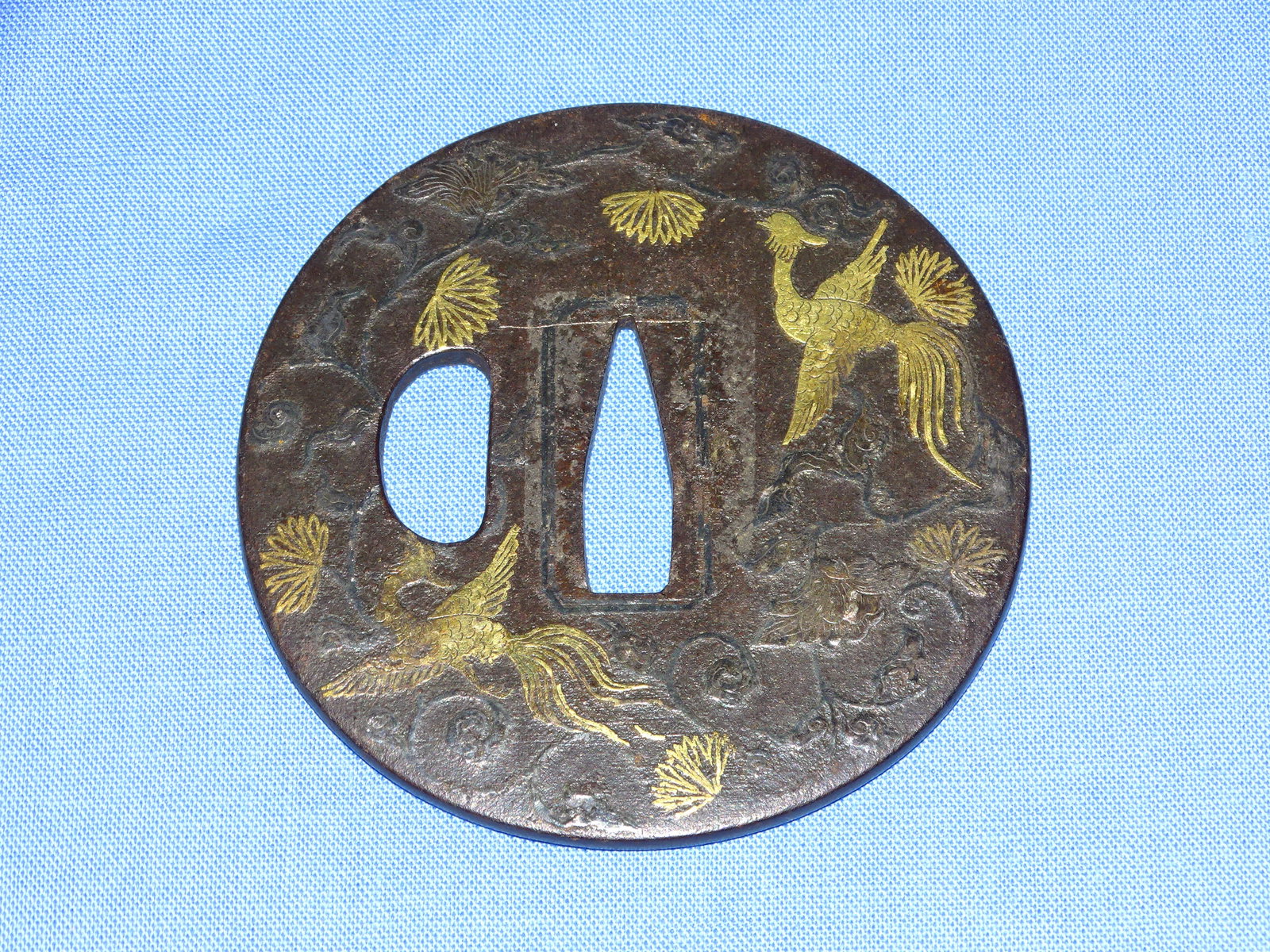 Japanese Samurai Sword Guard TSUBA, Iron w/ Phoenix Bird: JAPANESE SAMURAI SWORD TSUBA, IRON WITH MIXED METALWORK
