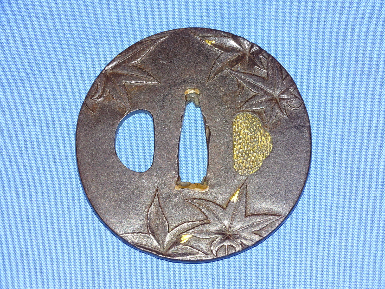 Japanese Samurai Sword Guard TSUBA, Iron w/ Maple Leaf Design: JAPANESE SAMURAI SWORD TSUBA, IRON WITH MIXED METALWORK