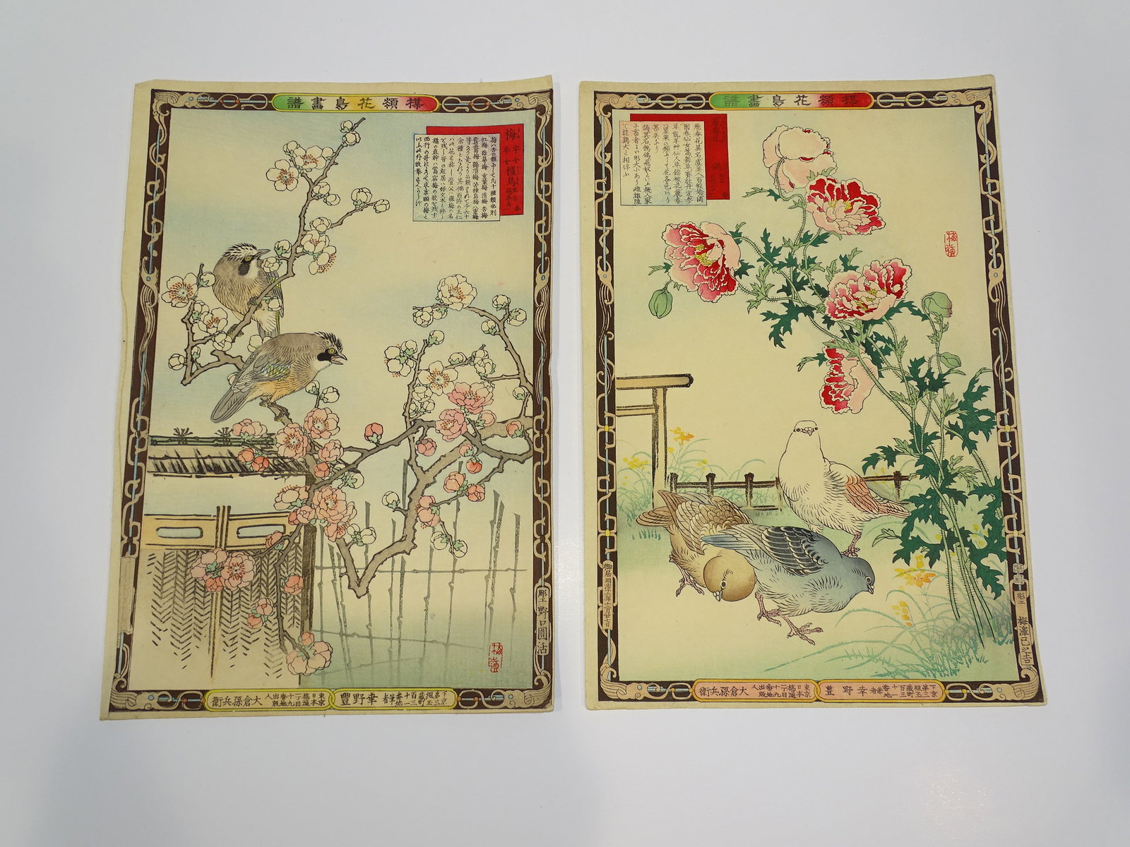 Japanese Woodblock Print, KONO BAIREI Kacho-e Bird & Flower Series 1880's Pair (1 of 6)