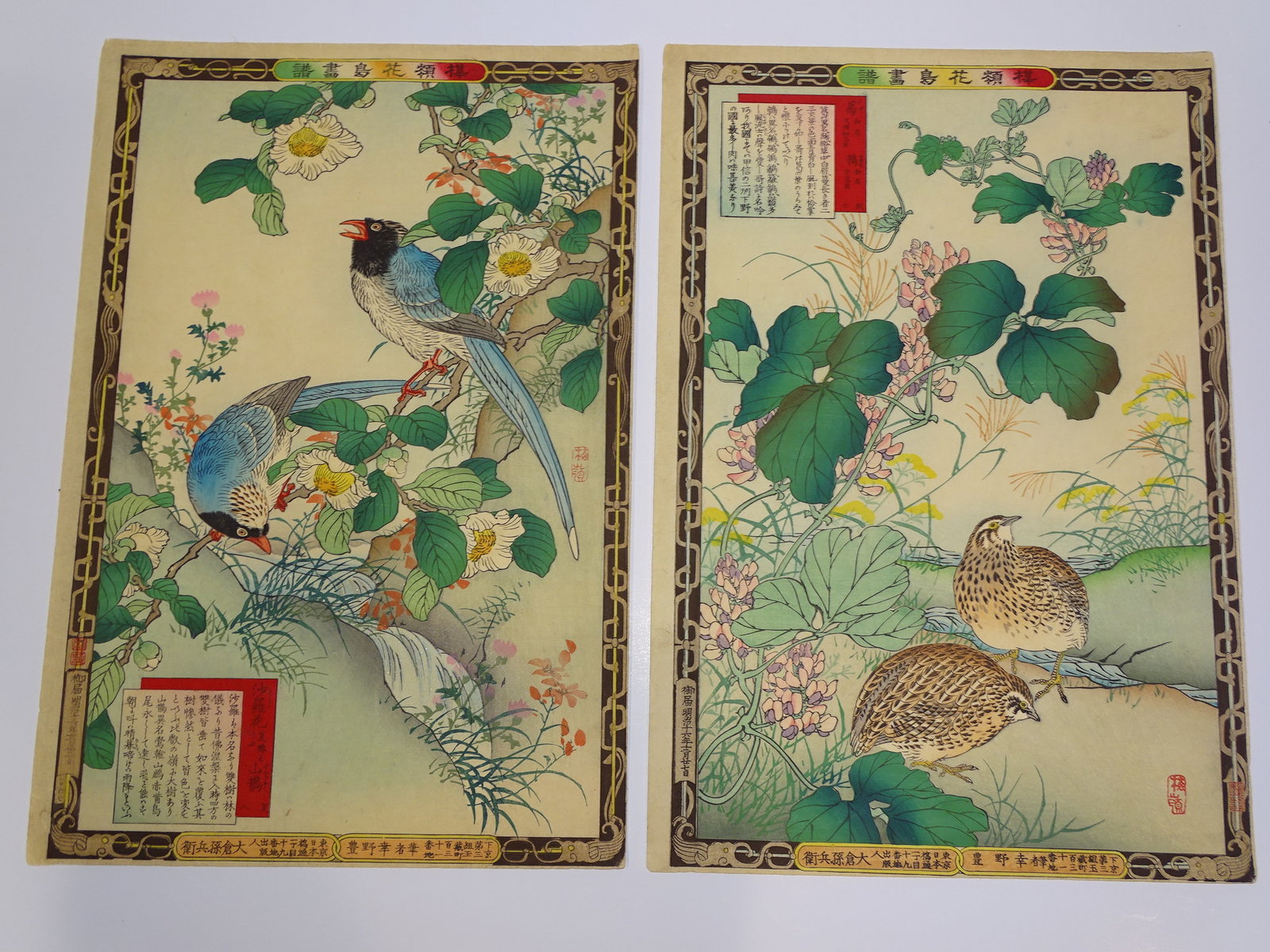 Japanese Woodblock Print, KONO BAIREI Kacho-e Bird & Flower Series 1880's Pair (1 of 6)