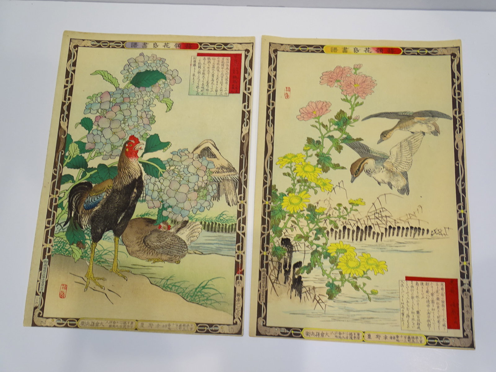 Japanese Woodblock Print, KONO BAIREI Kacho-e Bird & Flower Series 1880's Pair (1 of 6)