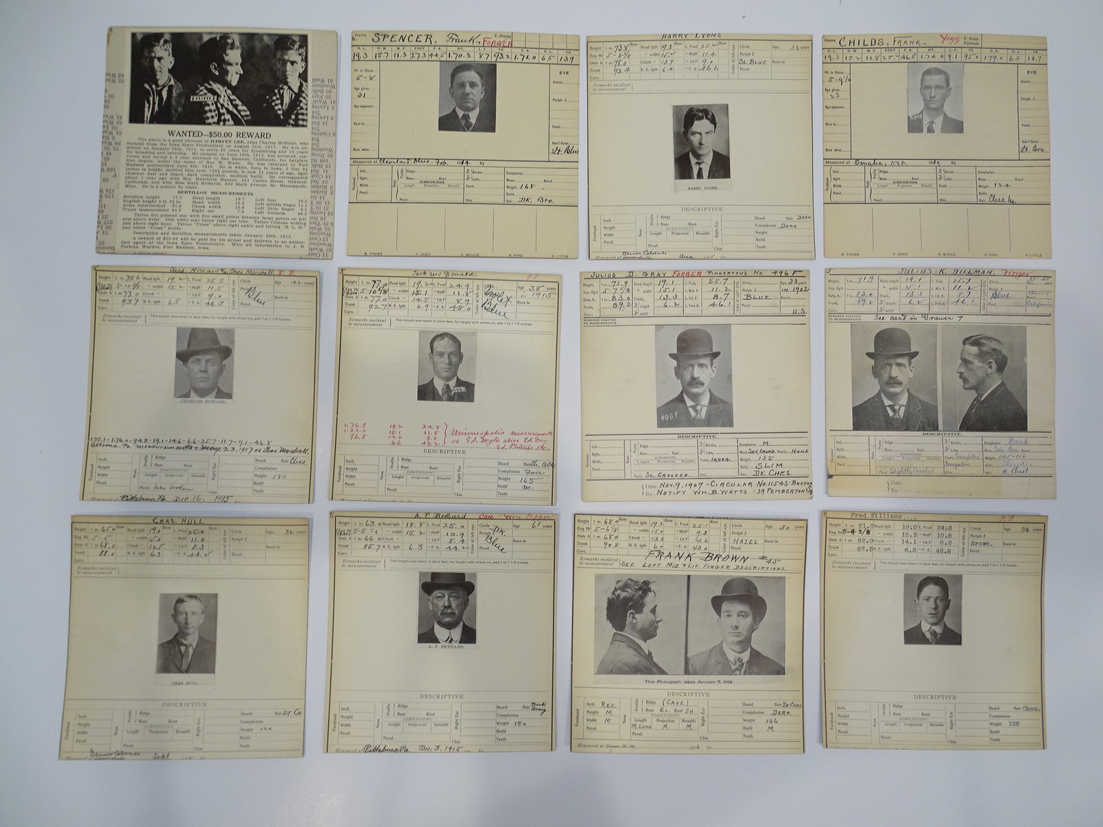 Bertillon Mug Shot, Crime Photo, Wanted Poster, Criminal Prisoner ID Card LOT: NICE LOT OF OLD CRIMINAL MUG SHOT PHOTO CARDS. THEY MEASURE APPROX. 6" SQUARE.