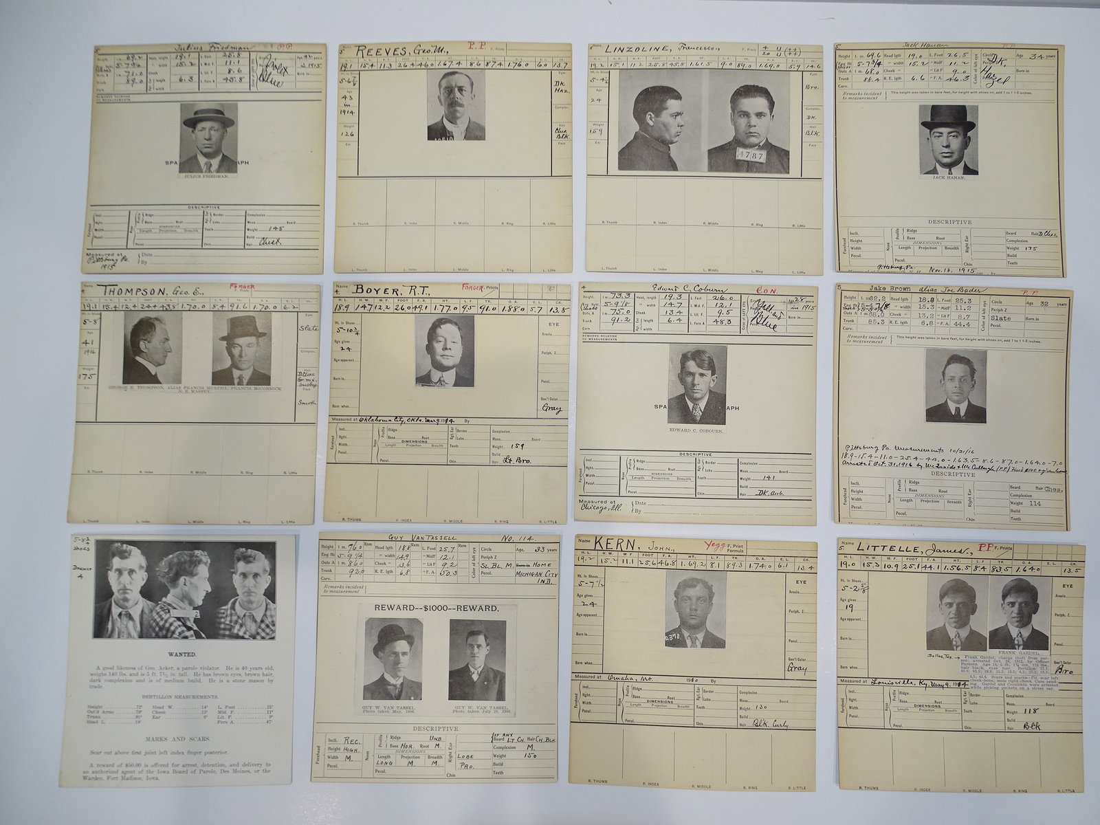 Bertillon Mug Shot, Crime Photo, Wanted Poster, Criminal Prisoner ID Card LOT: NICE LOT OF OLD CRIMINAL MUG SHOT PHOTO CARDS. THEY MEASURE APPROX. 6" SQUARE.