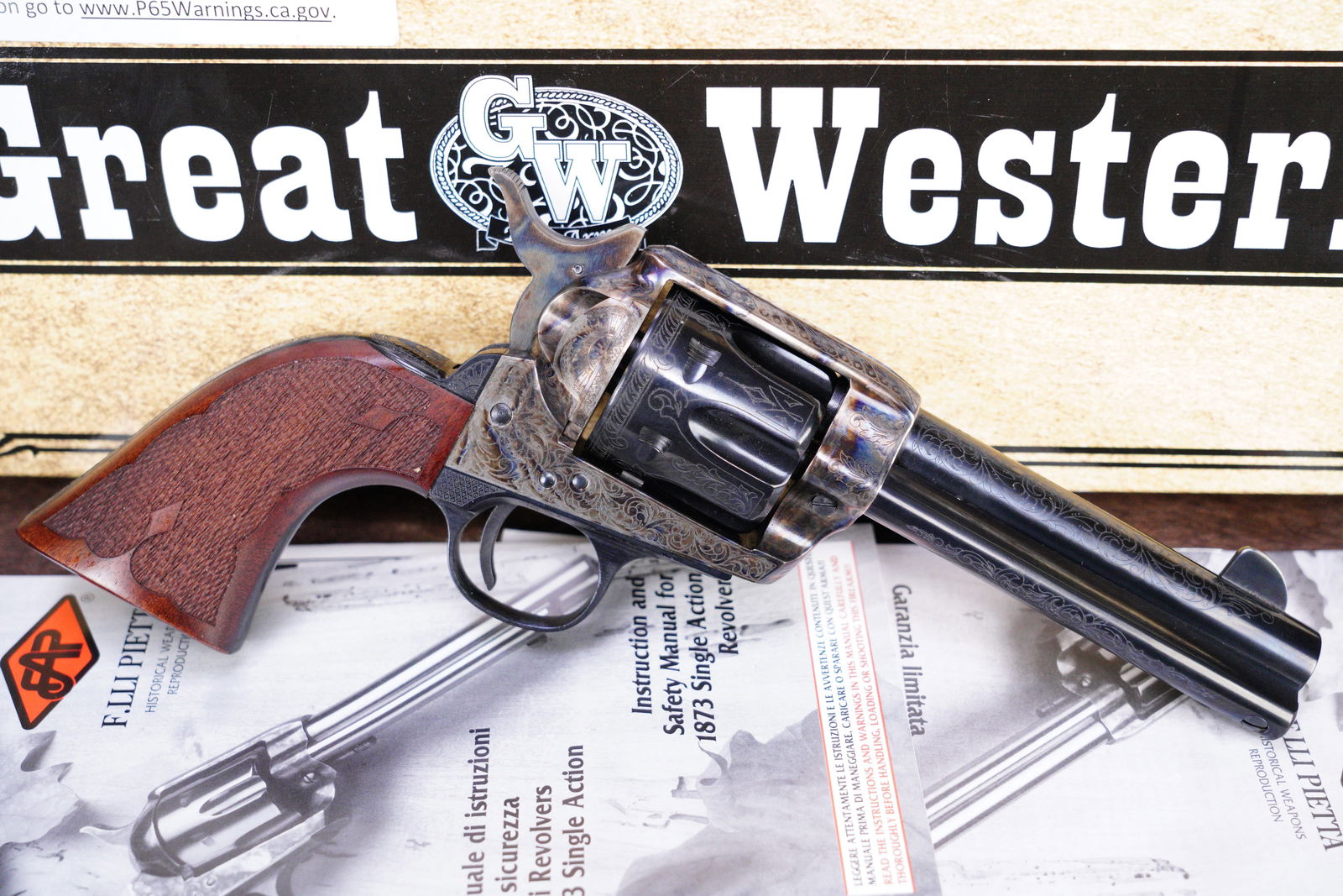 Italian Made 2020s Pietta EMF GWII Deluxe Grande Californian Engraved .45 LC 4.75" SAA Revolver, Box: Make: F.lli Pietta (of Italy), imported by Early Modern Firearms (EMF) Model: Great Western II Deluxe “Grande Californian” Serial Number: E103129 Year of Manufactur