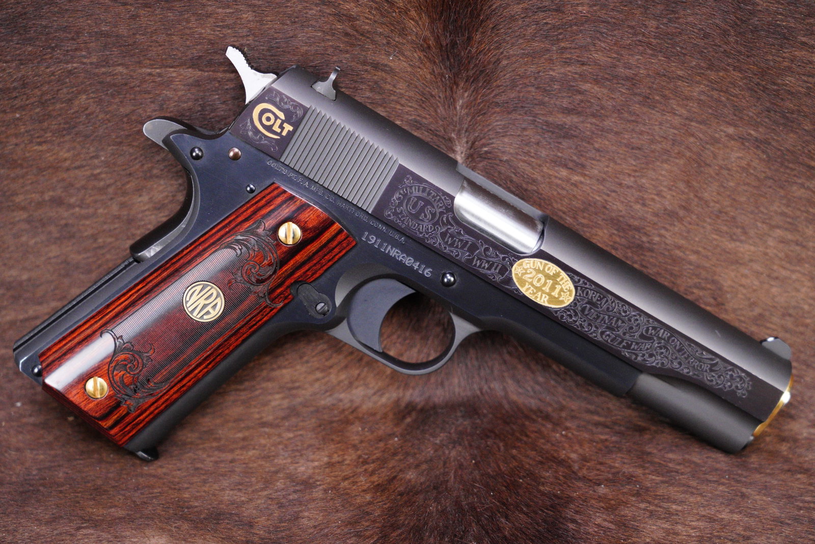 Colt Friends of NRA 2011 Gun of the Year Engraved & Gold Plated 1911 .45 ACP 5" Semi-Auto Pistol '10: Make: Colt Custom Shop, Baron Engraving Model: 01991Z Government Model, Friends of NRA 2011 Gun of the Year Limited Edition Serial Number: 1911NRA0416 (416 of 1,150) Yea