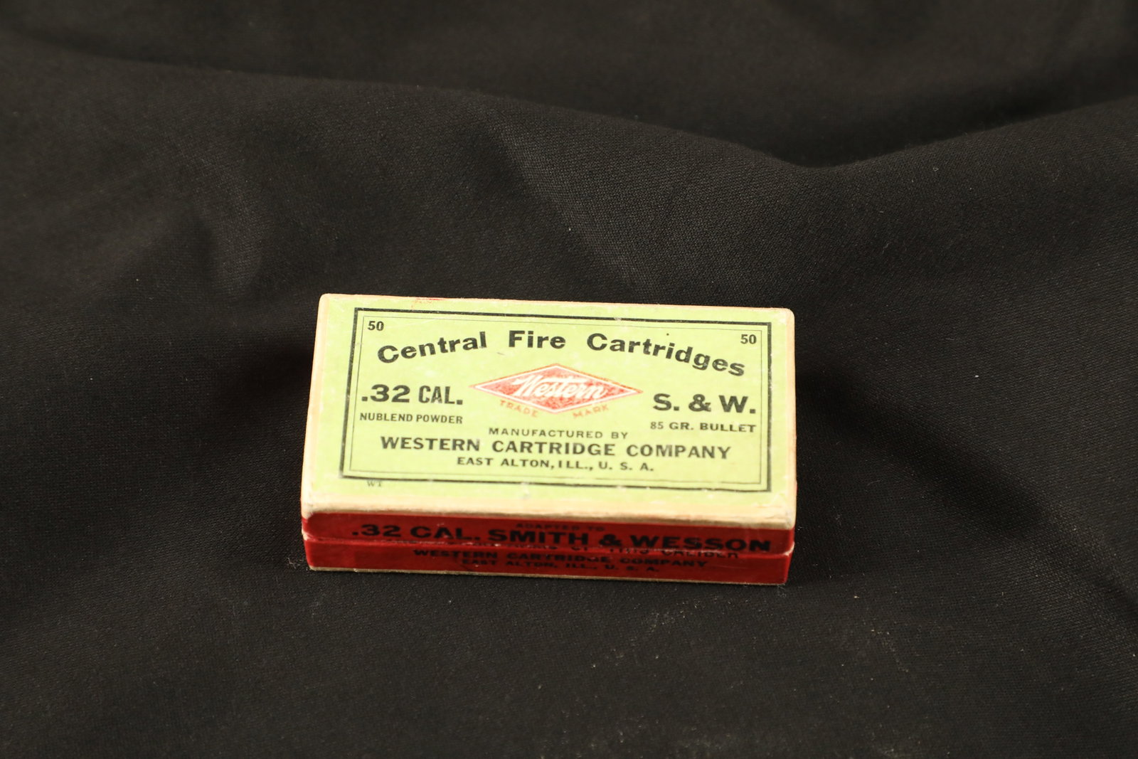 1x Full Box, 50 Rds. of Vintage Western Cartridge Co. .32 S&W Ammo W/ Two Piece Box: This is 1 full box, 50 rounds of Vintage Western Cartridge Co. .32 S&W Ammo. The two piece box has a green label marked “Central Fire Cartridges”, “.32 CAL. S. & W.”, a