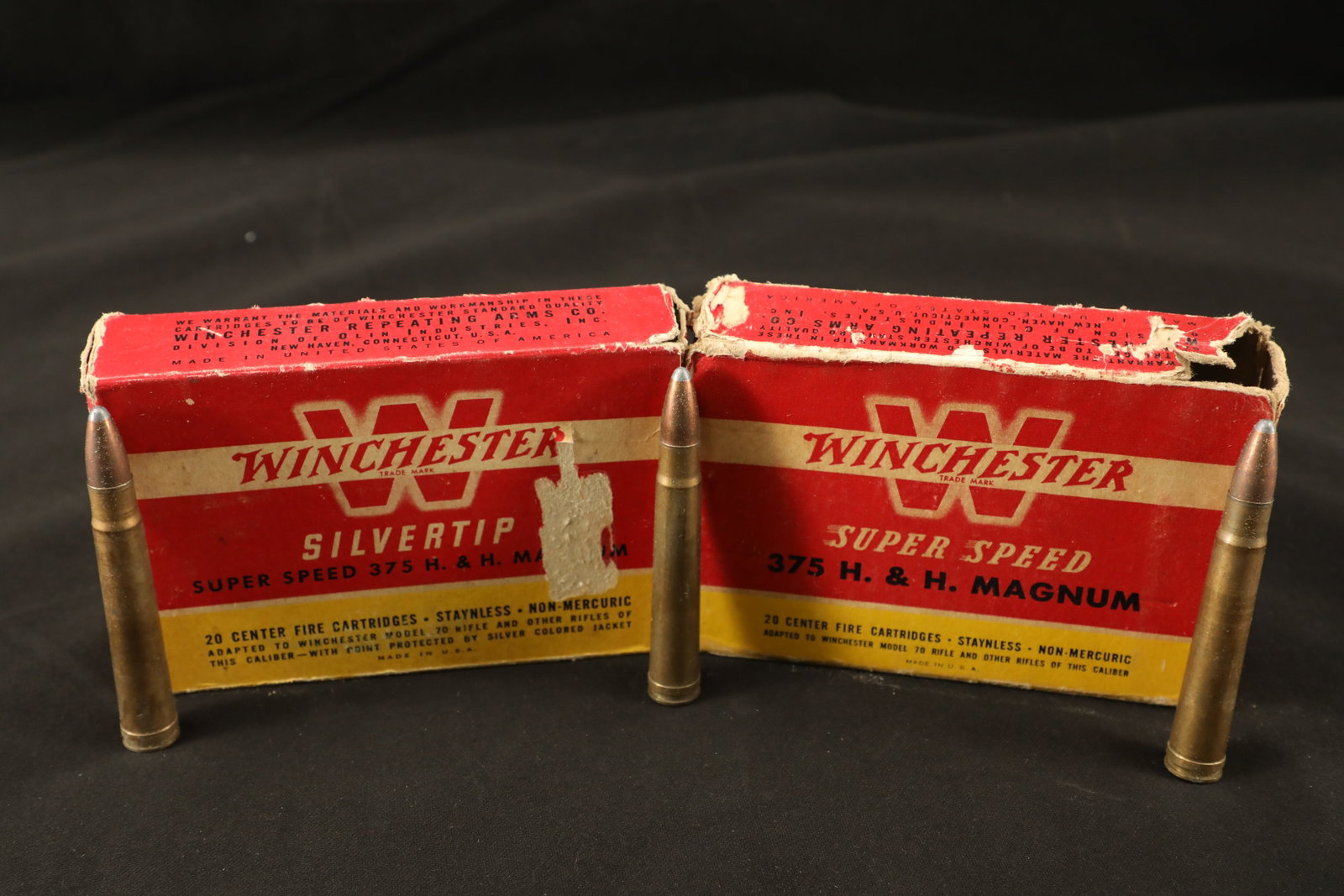 1x Full Box, 20 Rds. of Vintage Winchester Silvertip Super Speed .375 H&H Magnum Ammo, More: This is a lot of 1 full box, 20 rounds of Vintage Winchester Silvertip Super Speed .375 H&H Magnum Ammo. The box for this ammo is in Good condition, with some surface tearing at the middle left front 