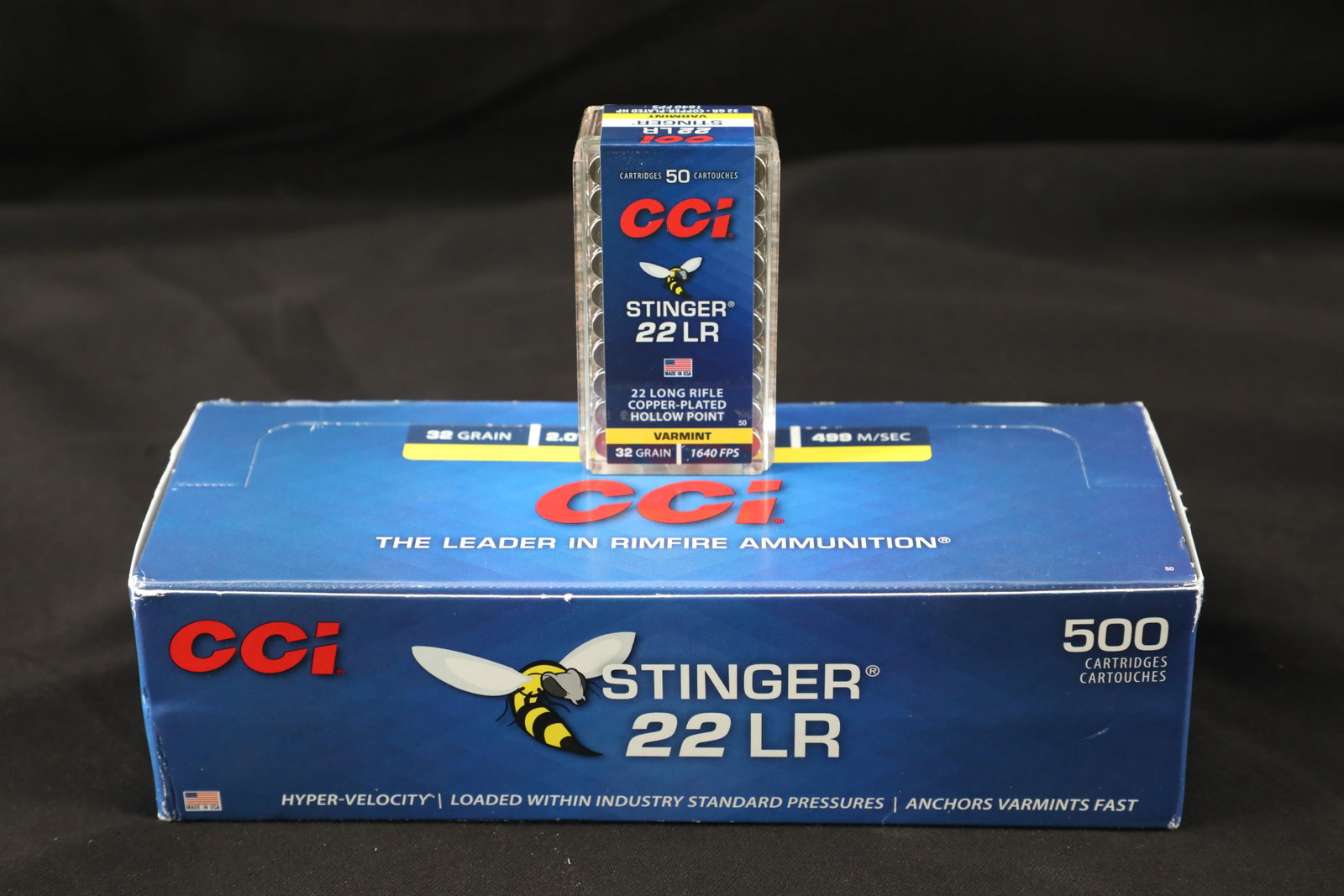 1x Case, 10x Boxes, 500 Rds. of CCI Stinger .22 Long Rifle 32 Grain HP Varmint Ammo: This is a full case, 10 boxes, 500 rounds of CCI Stinger .22 Long Rifle 32 Grain Hollow Point Varmint Ammo. The ammo is in As New In Box condition.