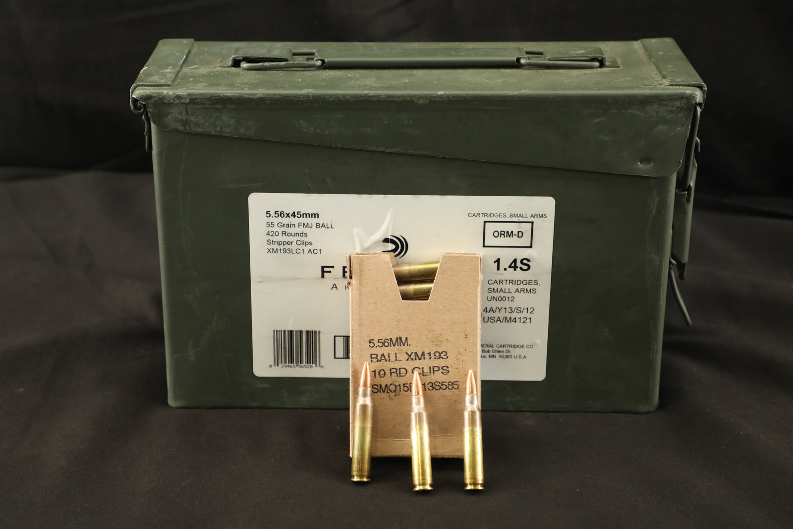 840 Rds. of Federal 5.56x45 55 Grain FMJ Ball Ammo on Stripper Clips, XM193LC1, Packed in Two Cans: This is a lot of 840 rounds of Federal 5.56x45 55 Grain Full Metal Jacket Ball Ammo on Stripper Clips, Packed in 2 Metal Ammo Cans. The ammo cans are marked “FEDERAL AMMUNITION” and “5.56 x 