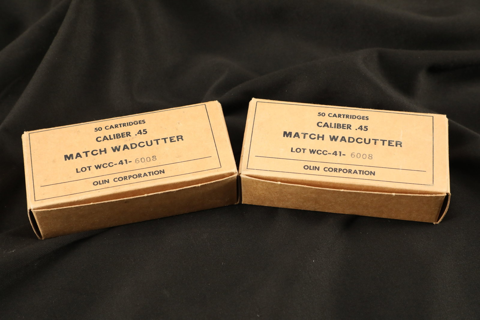 2x Boxes, 100 Rds. of Olin “W-W 45 AUTO" US Military .45 ACP Match Wadcutter Ammo: This is a lot of 2 boxes, 100 rounds of Olin “W-W 45 AUTO” US Military .45 ACP Match Wadcutter Ammo. The ammo is headstamped “W-W 45 Auto” for the maker, Winchester-Western, and the ca