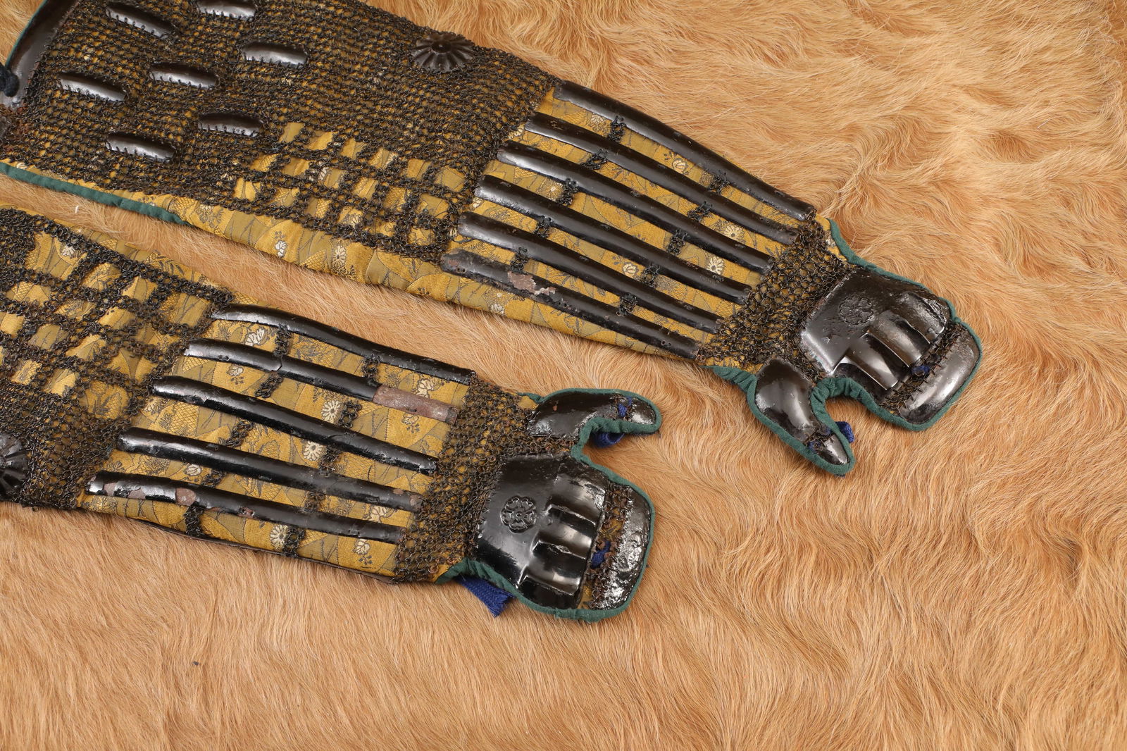 Antique 1860s Late Edo Period Japanese Kote Hand & Forearm Samurai Armor: When US Navy Commodore Perry opened Japan to the Western world in 1853, great changes were spurred in Japanese government and society. Prior to Perry’s arrival, Japan had been a feudal state, govern