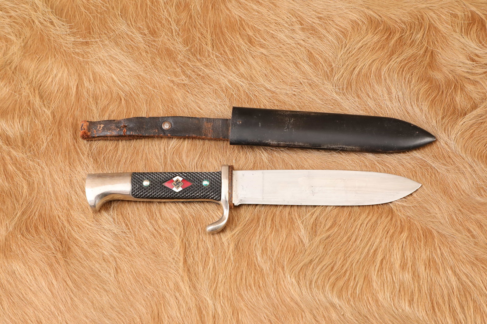 German WW2 Hitler Youth Knife & Sheath HJ Hitler-Jugend Lauterjung Pre-RZM "Blut und Ehre!" Etched: The Hitler Youth was established in 1933, replacing the traditional German Boy Scouts, with the intention of indoctrinating German boys with the principles of the Nazi party. It also was meant to prep