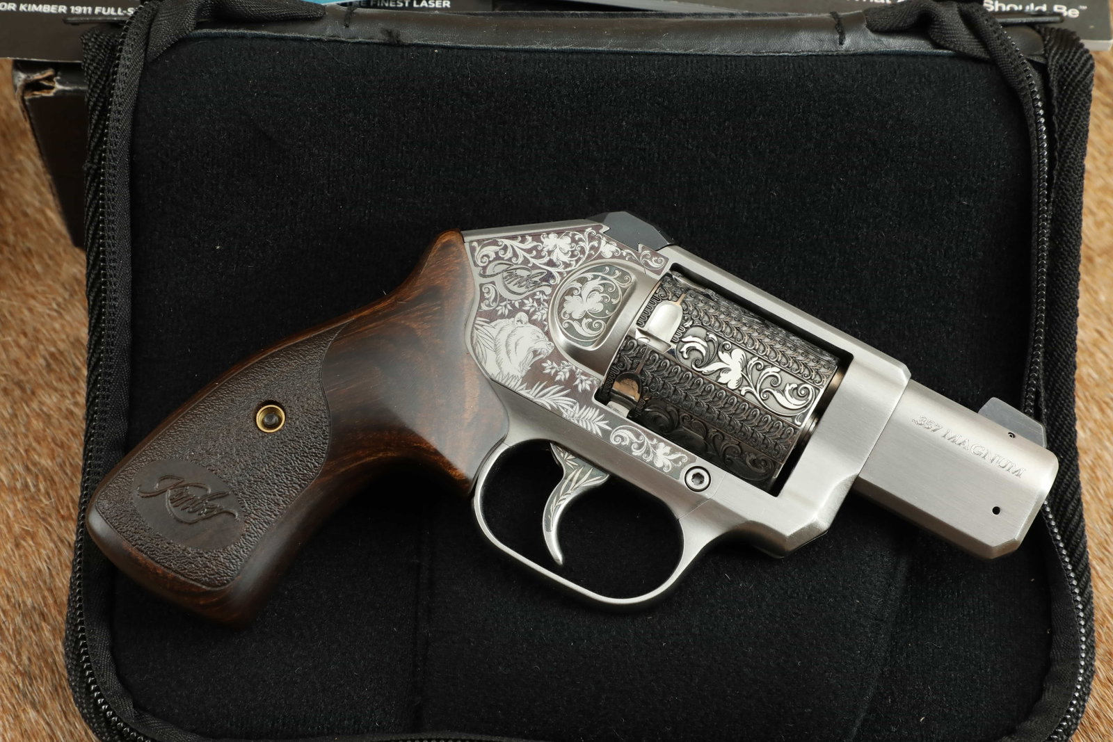Custom Engraved Kimber K6S Stainless .357 Magnum 2” Double Action Only Revolver W/ Box ca.: Make: Kimber Model: K6S Stainless Serial Number: RV087540 Year of Manufacture: ca. 2018 Caliber: .357 Magnum Action Type: Double Action Only, Internal Hammer, 6-shot, Swing Out Cylinder and Eject