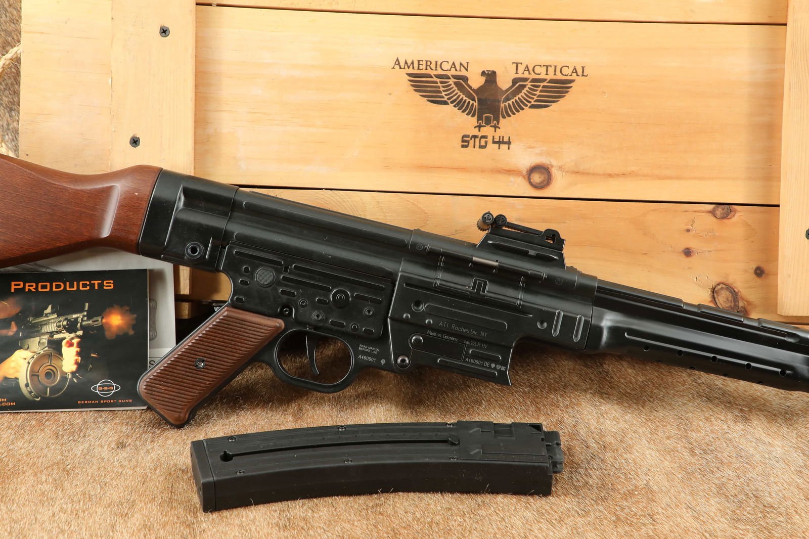 ATI/GSG German WW2 Style Schmeisser StG-44 .22 LR 17” Semi-Auto Sturmgewehr Rifle 2012 & Crate: Make: ATI/GSG (American Tactical Imports/German Sport Guns) Model: StG-44 Serial Number: A480901 Year of Manufacture: 2012 (“BC” Date Code) Caliber: .22 LR Action Type: Semi-Automatic, Blo