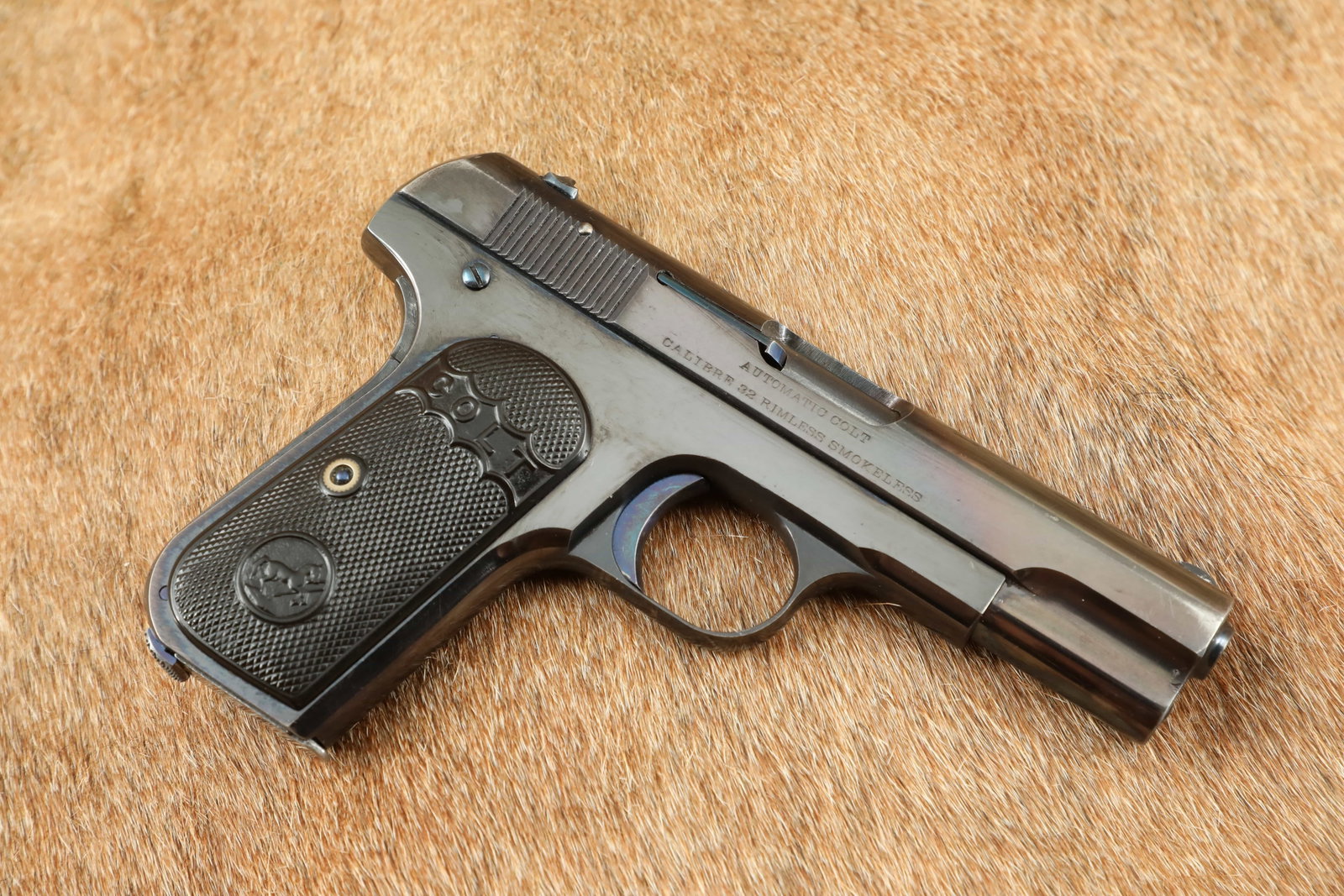 Beautiful Colt Model 1903 Pocket Hammerless .32 ACP 3.75” Semi-Auto Pistol 1910 C&R: Make: Colt Model: 1903, Type III Pocket Hammerless Serial Number: 105599 Year of Manufacture: 1910 Caliber: .32 ACP Action Type: Single Action Semi-Automatic Pistol with Removable Magazine Barrel Leng