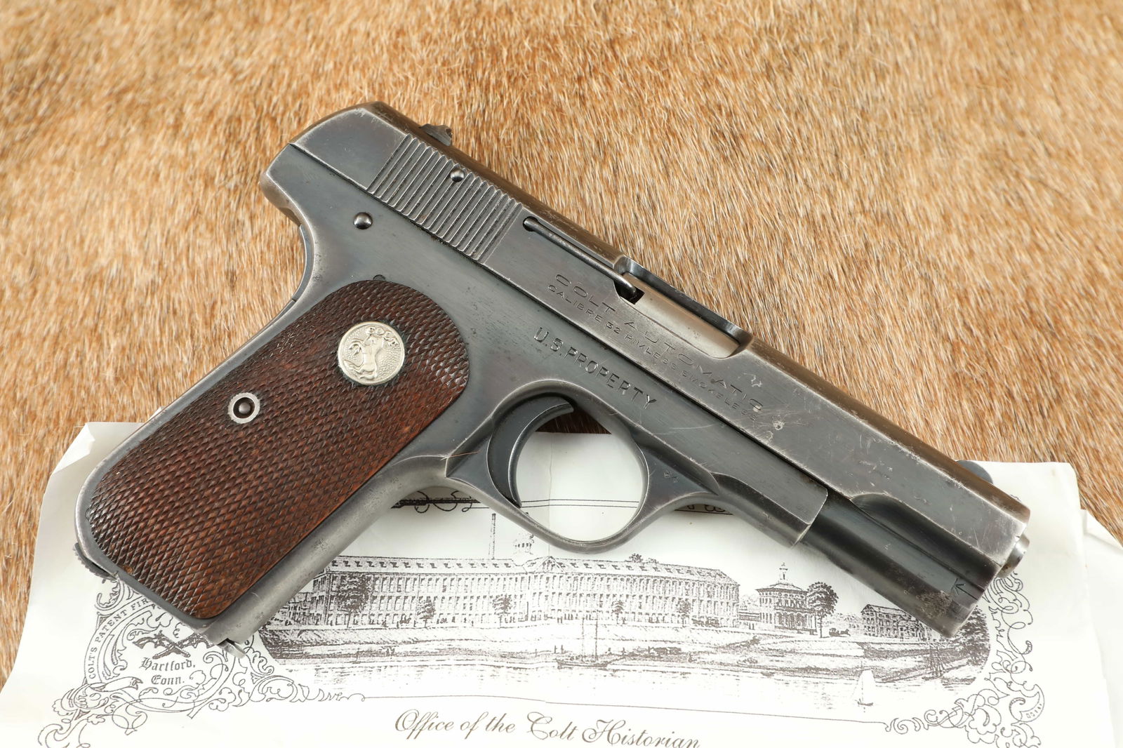Documented US WW2 OSS Colt Model 1903 Pocket Hammerless .32 ACP 3.75" Semi-Auto Pistol 1942 C&R: Make: Colt Model: Type IV 1903 Pocket Hammerless Serial Number: 559870 Year of Manufacture: 1942 (https://www.colt.com/serial-lookup), according to the included Colt letter the