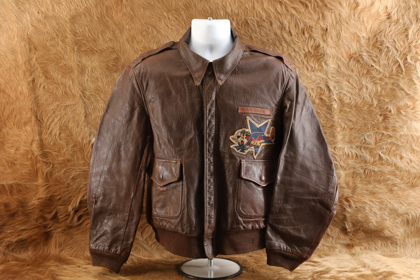US Army AAF WW2 5th Tow Target Squadron Chenille I. Spiewak A2 Goatskin Leather Flight Jacket: Size 42, Very Good Condition, some grayish soiling at the lower right front pocket, and some overall age wear. Spectacular chenille embroidered and Disney desi