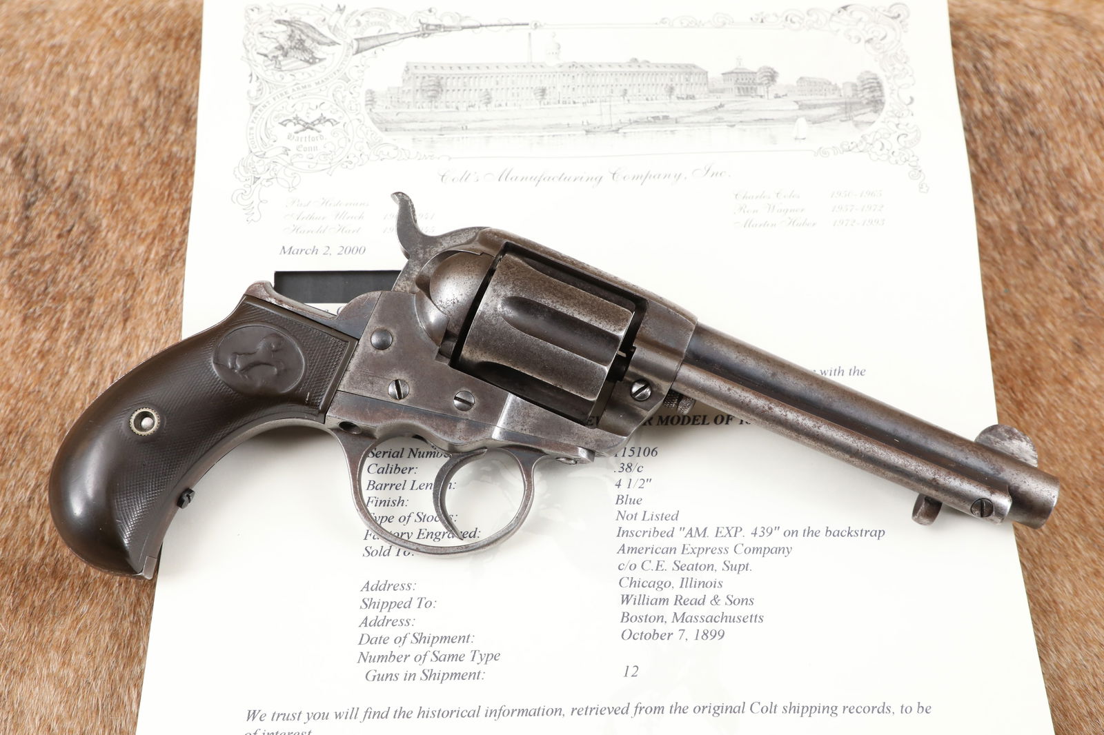 American Express Colt Model 1877 Lightning 4 1/2" .38 Long DA Revolver & Letter, MFD 1899 C&R: Make: Colt Model: 1877 "Lightning" Serial Number: 115106 Year of Manufacture: Shipped October 7, 1899 Caliber: .38 Long Colt Action Type: Single Action/Double Action Revolver with Side Loading Gate Cy