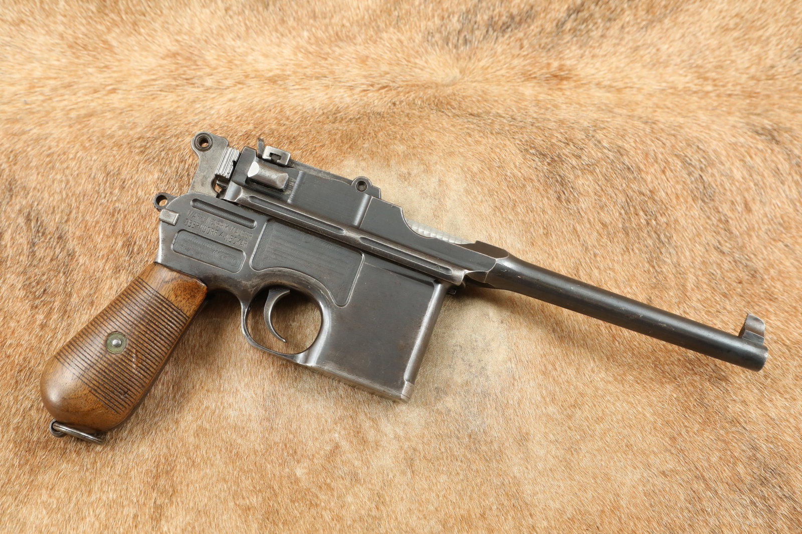 Mauser Wartime Commercial C96 Broomhandle 7.63x25mm/.30 Semi-Auto Pistol, MFD ca. 1915 C&R: Make: Waffenfabrik Mauser, Oberndorf Model: C96; Wartime Commercial Serial#: 225785 Year of Manufacture: Circa 1915 Caliber: 7.63x25mm Mauser (.30 Mauser) Action Type: Semi-Automatic Short-Recoil Pist
