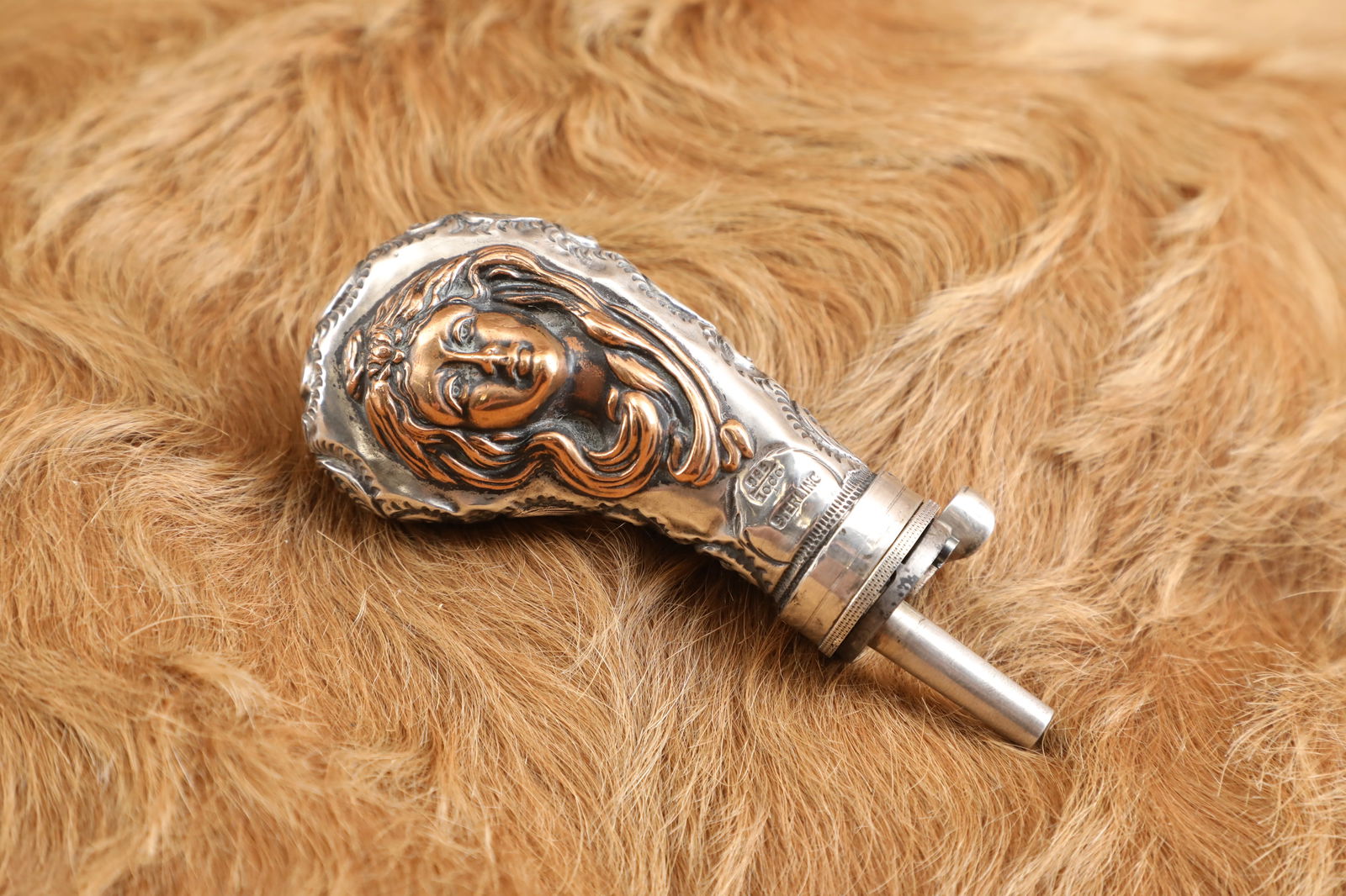 Antique ca. 1870s Old West Sterling Silver Engraved Bronze Female Embellished Lady's Powder Flask: Women in the Old West often carried small, concealable pocket pistols as a last line of personal defense. Whether a "soiled dove" or a married woman about town, ladies in rough and tumble frontier tow