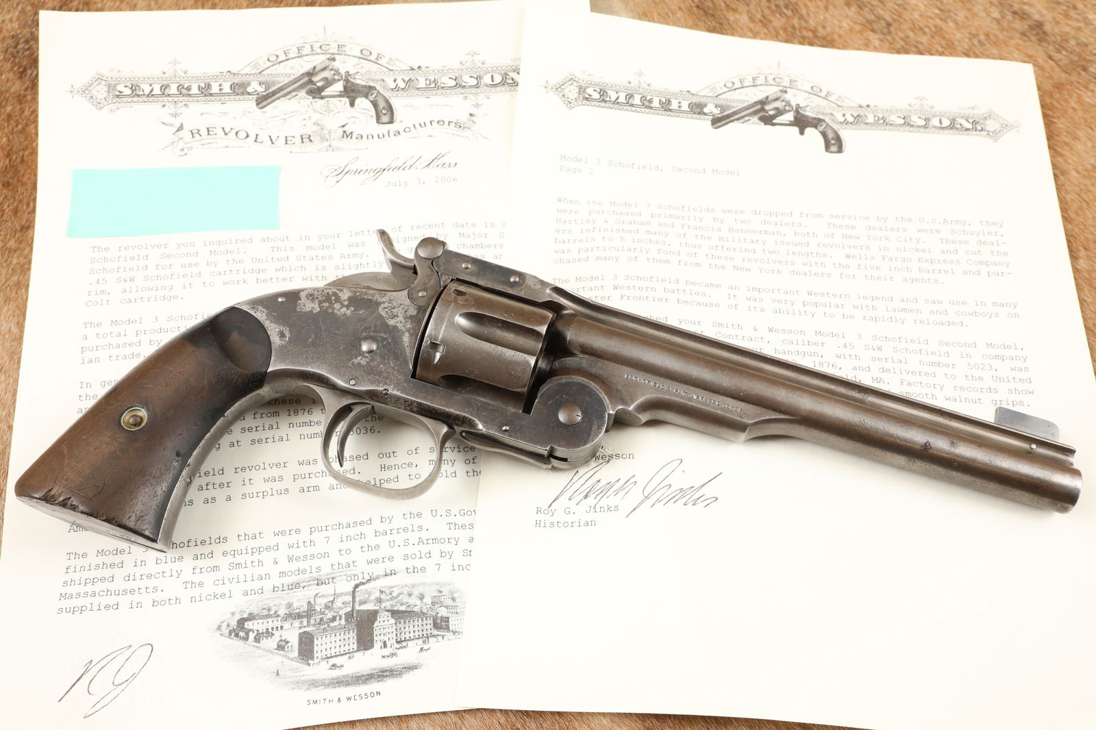 US Army Smith & Wesson No. 3 2nd Model .45 Schofield Single Action Revolver & Letter, 1876: Make: Smith & Wesson Model: Model 3, Second Model Schofield Serial Number: 5023 Year of Manufacture: 1876 Caliber: .45 Schofield Action Type: Single Action, Top-Break Revolver Markings: The left side